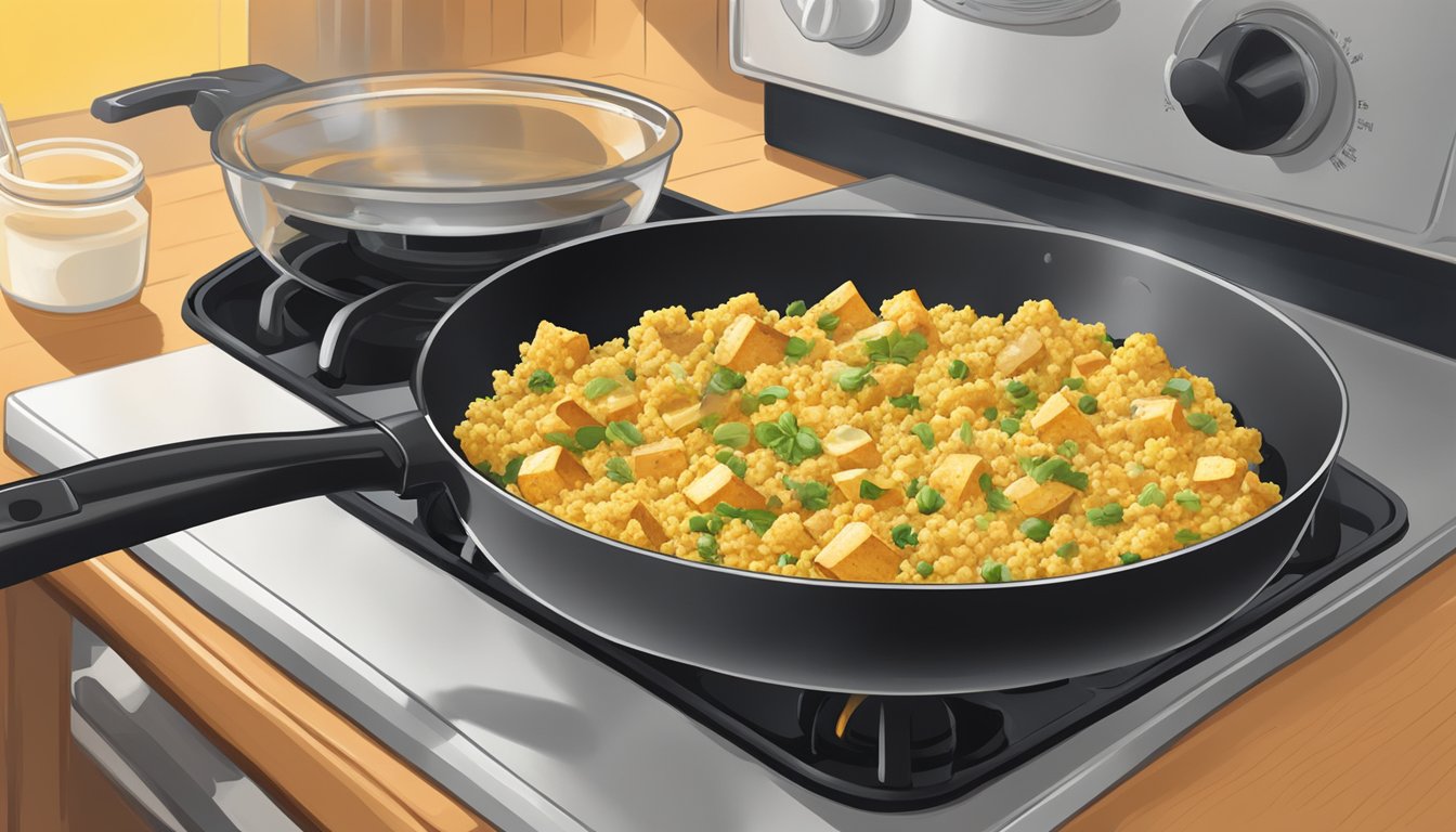 A plate of gluten-free tofu scramble being reheated in a non-stick skillet over a stovetop