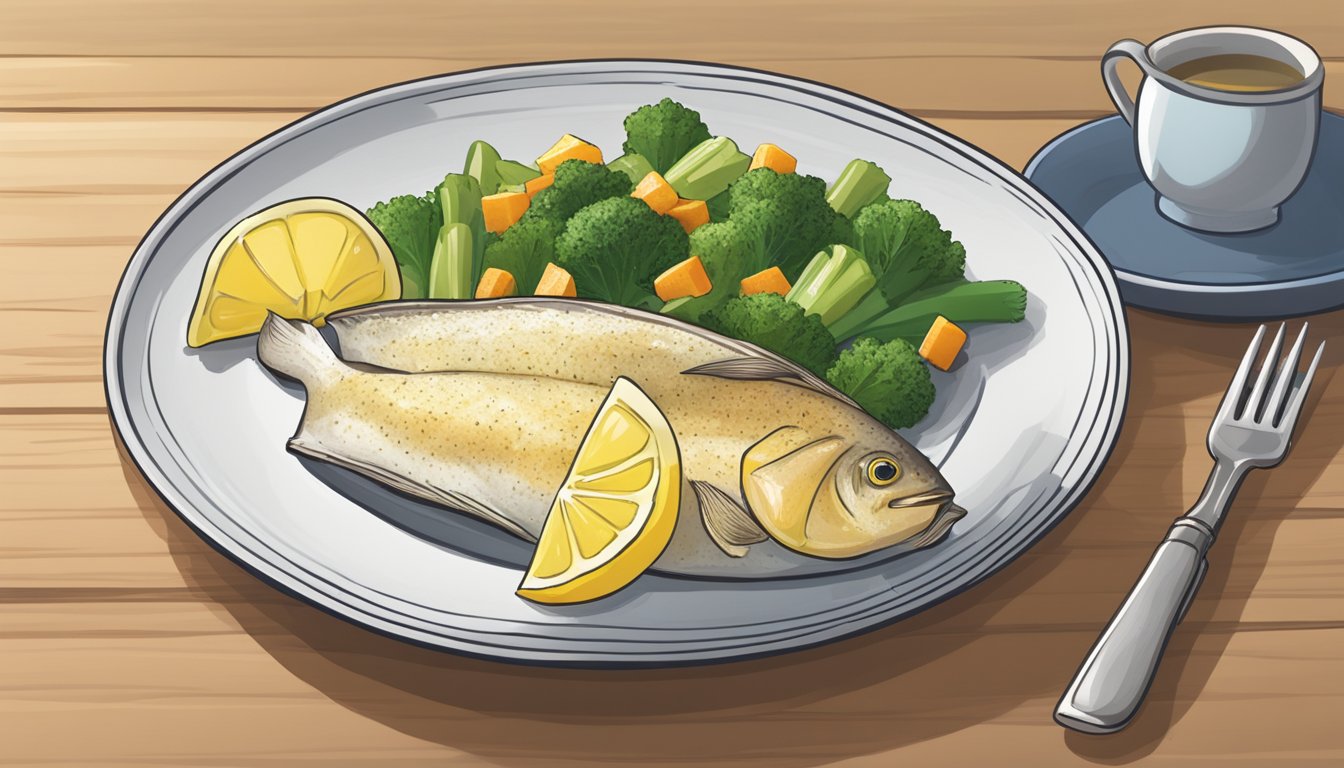 A plate of reheated gluten free tilapia fillets with a side of steamed vegetables and a small dish of lemon wedges on the side