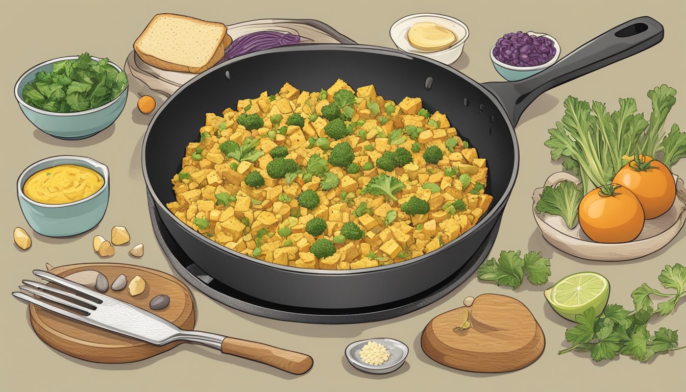 A skillet with reheated gluten-free tofu scramble, surrounded by various cooking utensils and ingredients