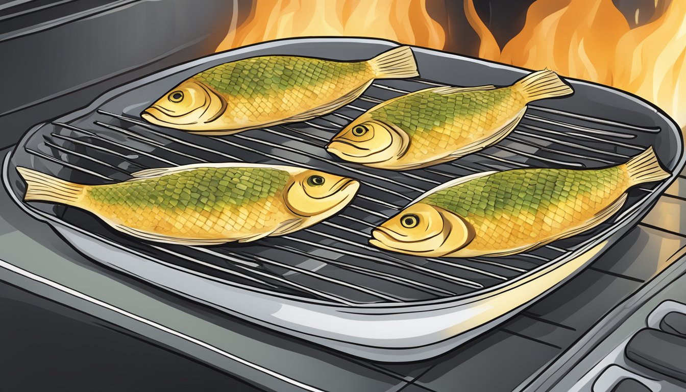 A plate of gluten-free tilapia fillets being reheated in an oven