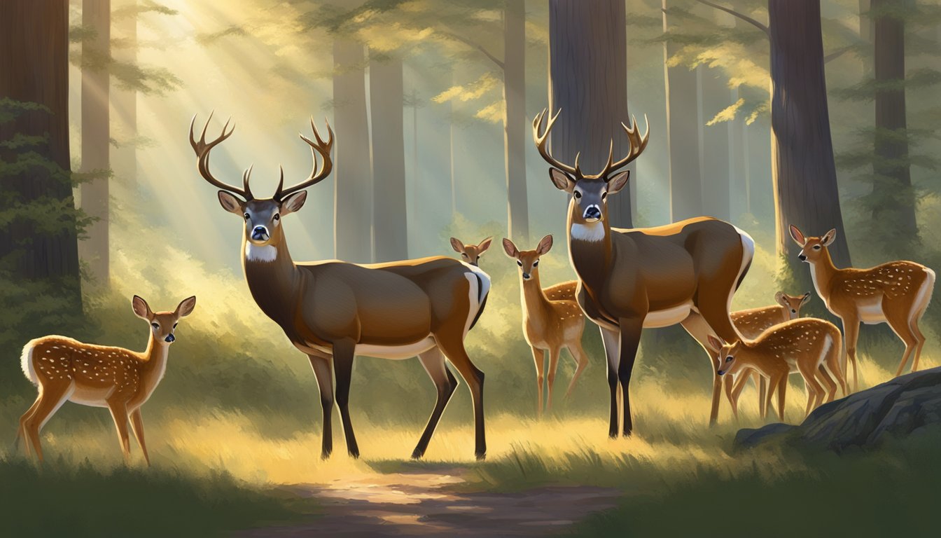 A majestic buck stands alert in a forest clearing, surrounded by a group of does and fawns grazing peacefully. The sun filters through the trees, casting dappled light on the scene