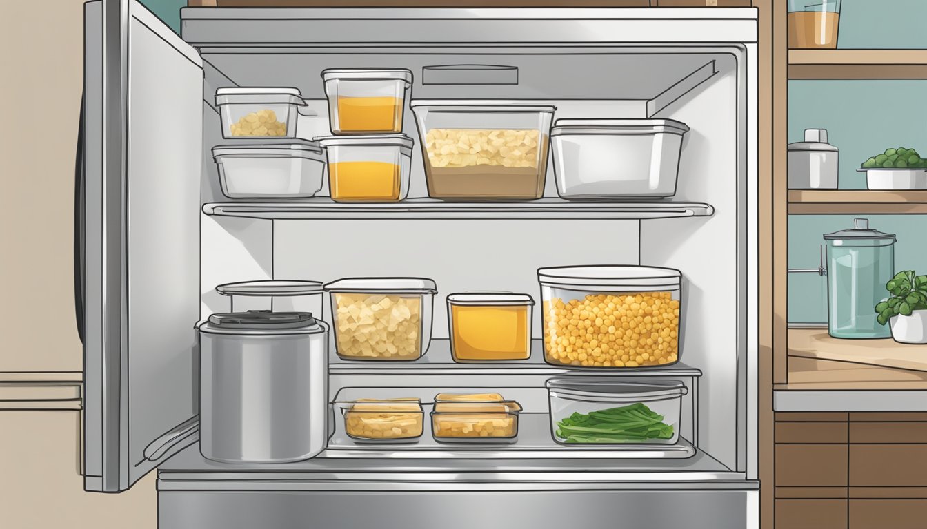 A clear glass container of tofu sits on a shelf, next to a refrigerator. A skillet with gluten-free tofu scramble is being heated on a stovetop