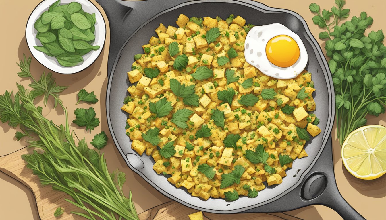 A skillet with reheated gluten free tofu scramble and fresh herbs