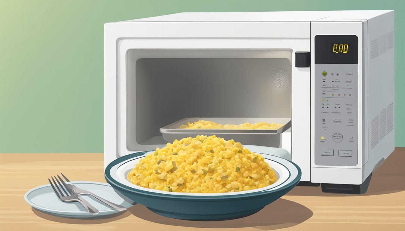 A microwave with a plate of gluten-free tofu scramble inside, steam rising from the dish. A fork resting on the side