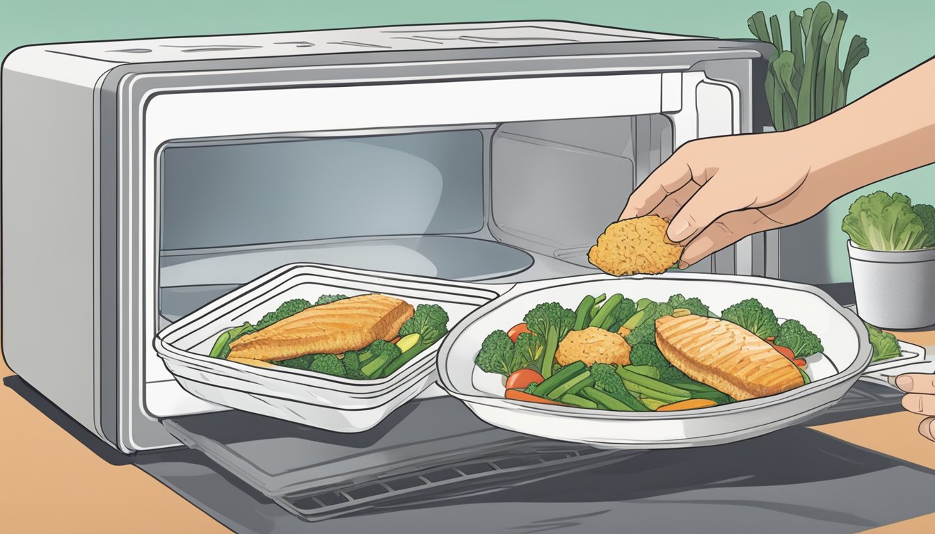 A person placing gluten free tilapia fillets in a microwave-safe dish with a cover, alongside a side of vegetables, ready to be reheated