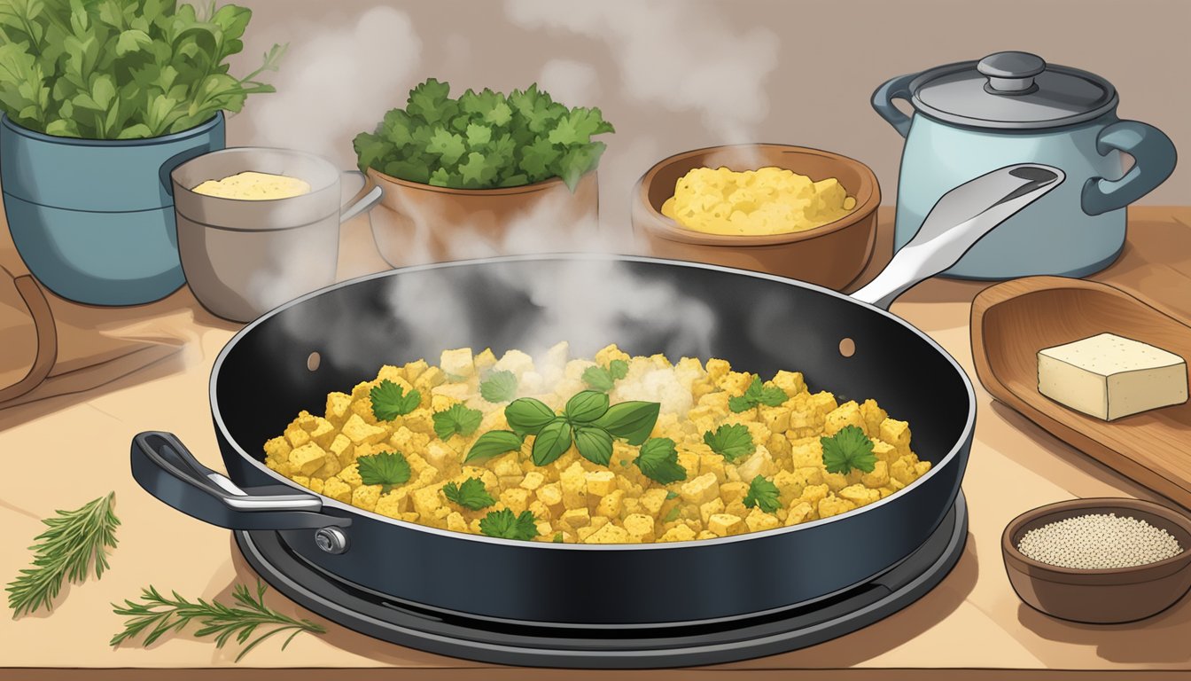 A steaming skillet of gluten-free tofu scramble being reheated on a stovetop, with a variety of seasonings and herbs scattered nearby