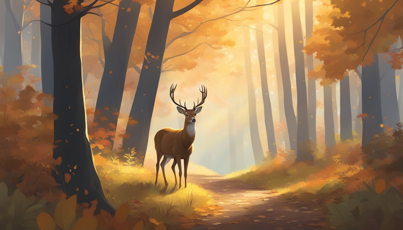 A deer cautiously stepping through a forest clearing, with autumn leaves scattered on the ground and the soft glow of early morning light filtering through the trees