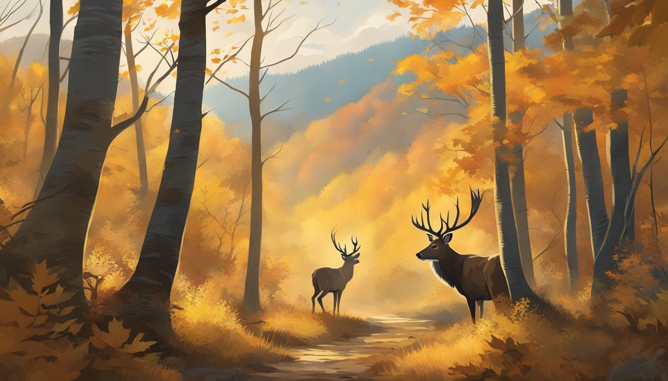 A hunter silently tracks a deer through a dense forest, bow in hand, surrounded by the golden hues of autumn