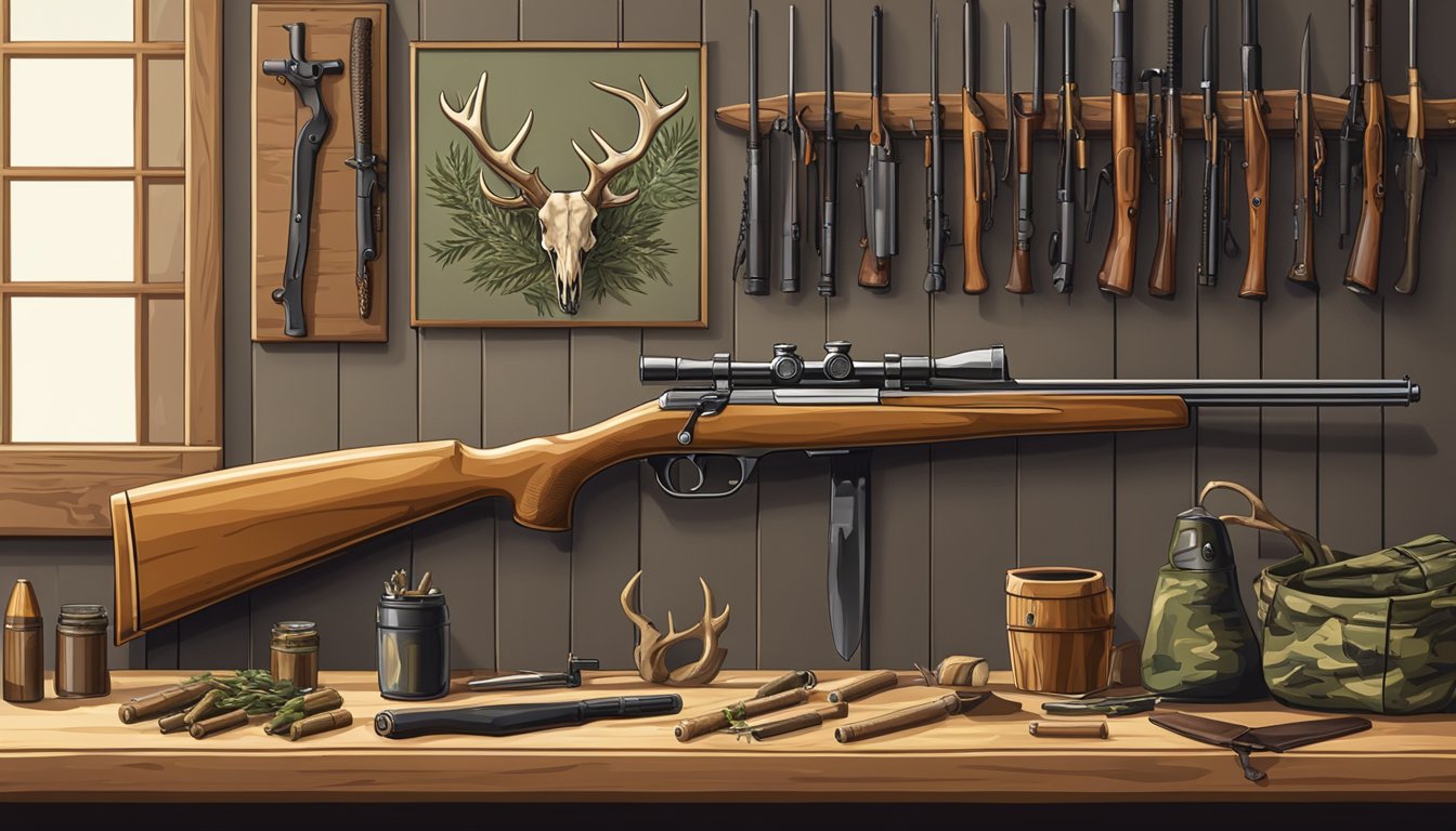 A wooden workbench holds a rifle, ammunition, and a hunting knife. A deer skull hangs on the wall behind, surrounded by antlers and camouflage gear