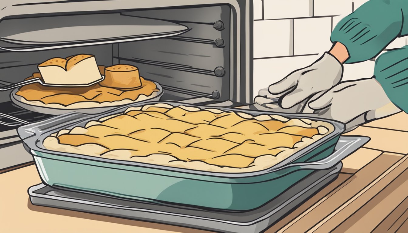 A gloved hand places a gluten-free turkey pot pie into a preheated oven on a baking dish