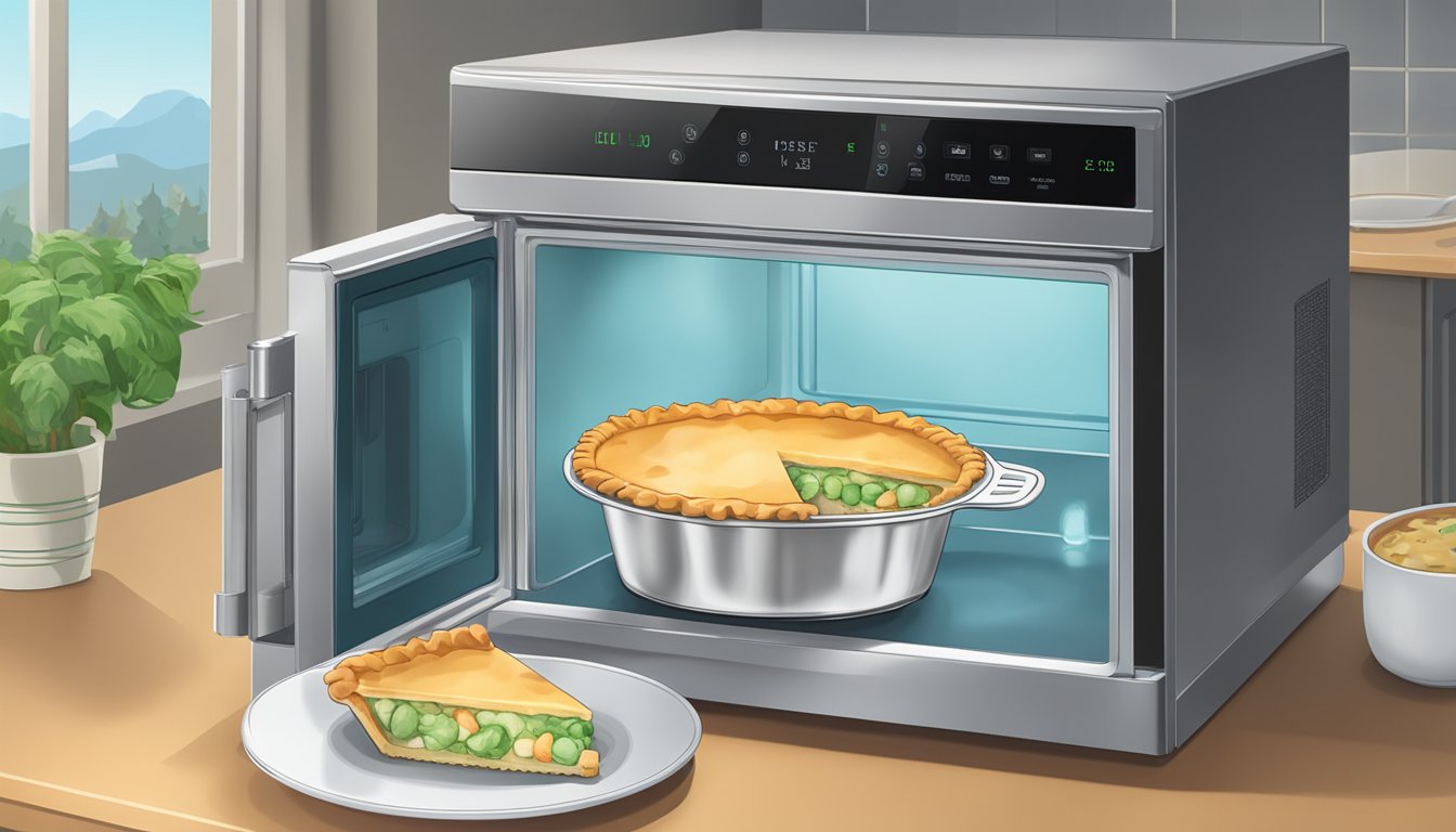 A gluten-free turkey pot pie sits in a microwave next to a glass of water. The microwave door is open, and the pie is steaming