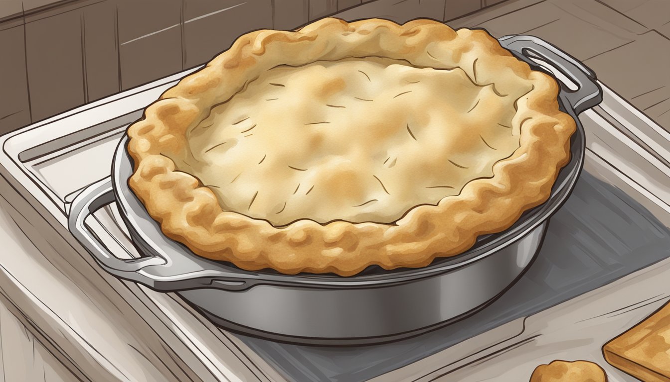 A steaming gluten-free turkey pot pie sits on a baking sheet, surrounded by golden flaky crust. A pair of oven mitts reaches out to remove it from the oven