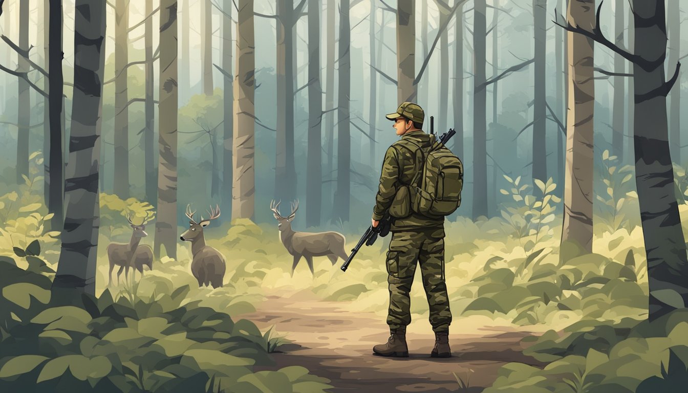 A hunter in camouflage with a rifle, standing in a forest clearing with a sign indicating deer hunting season dates