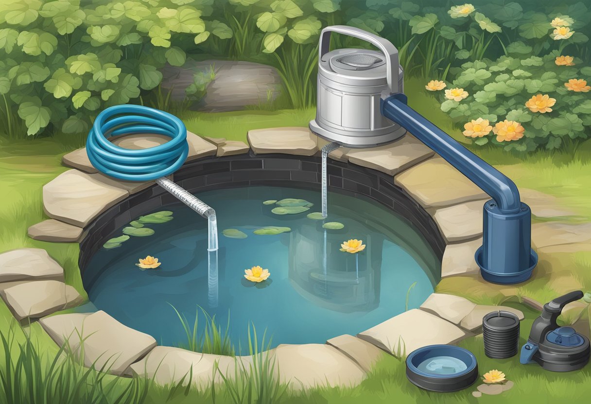 A pond with a pump, filter, and measuring tools for determining volume and depth