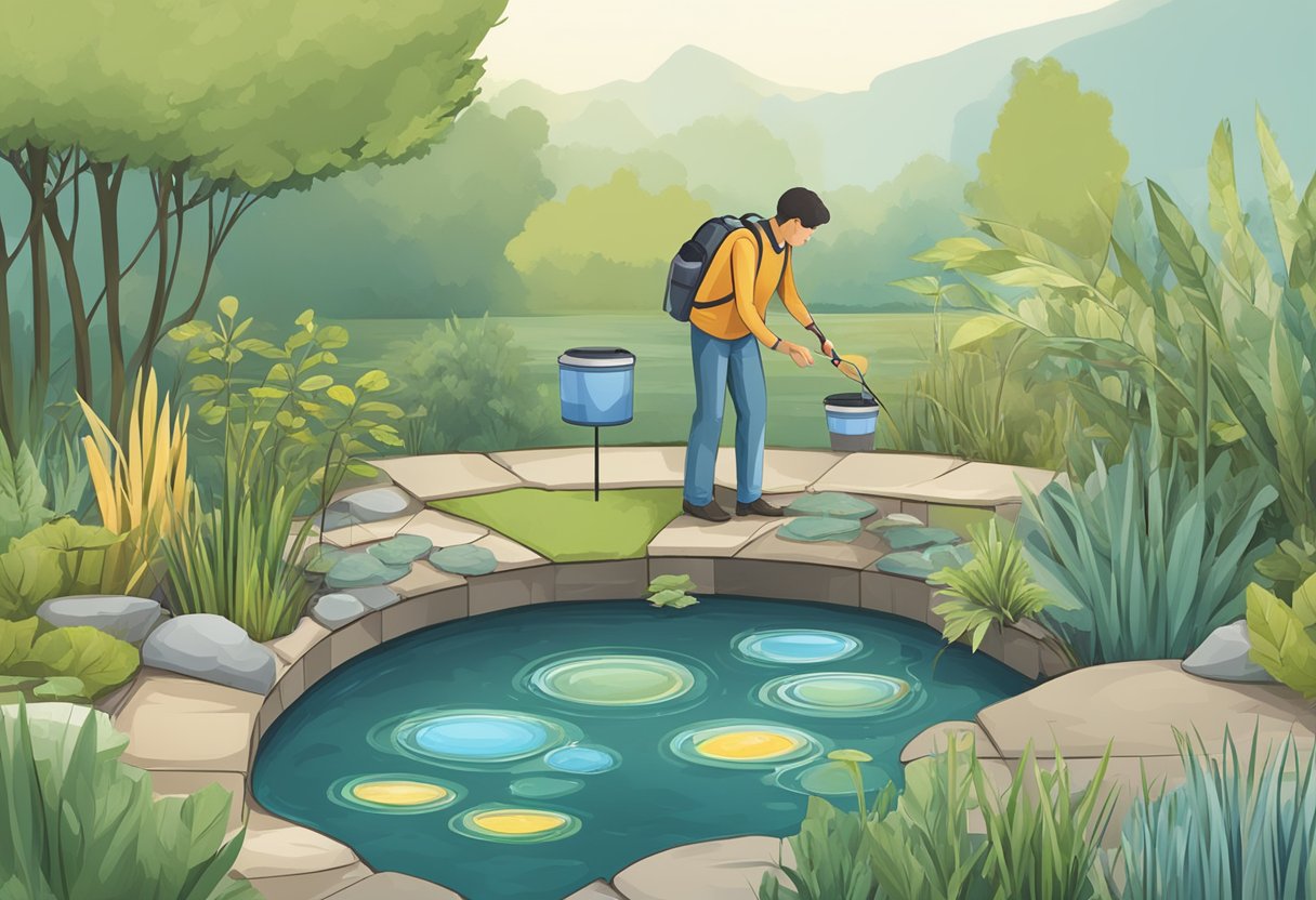 A person measuring a pond and comparing different filter sizes