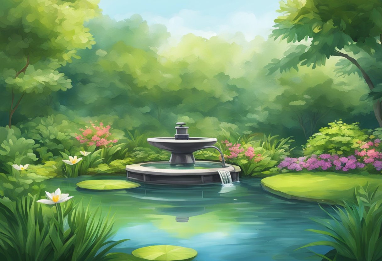 A tranquil pond with a pump and filter system, surrounded by lush greenery and clear water flowing smoothly