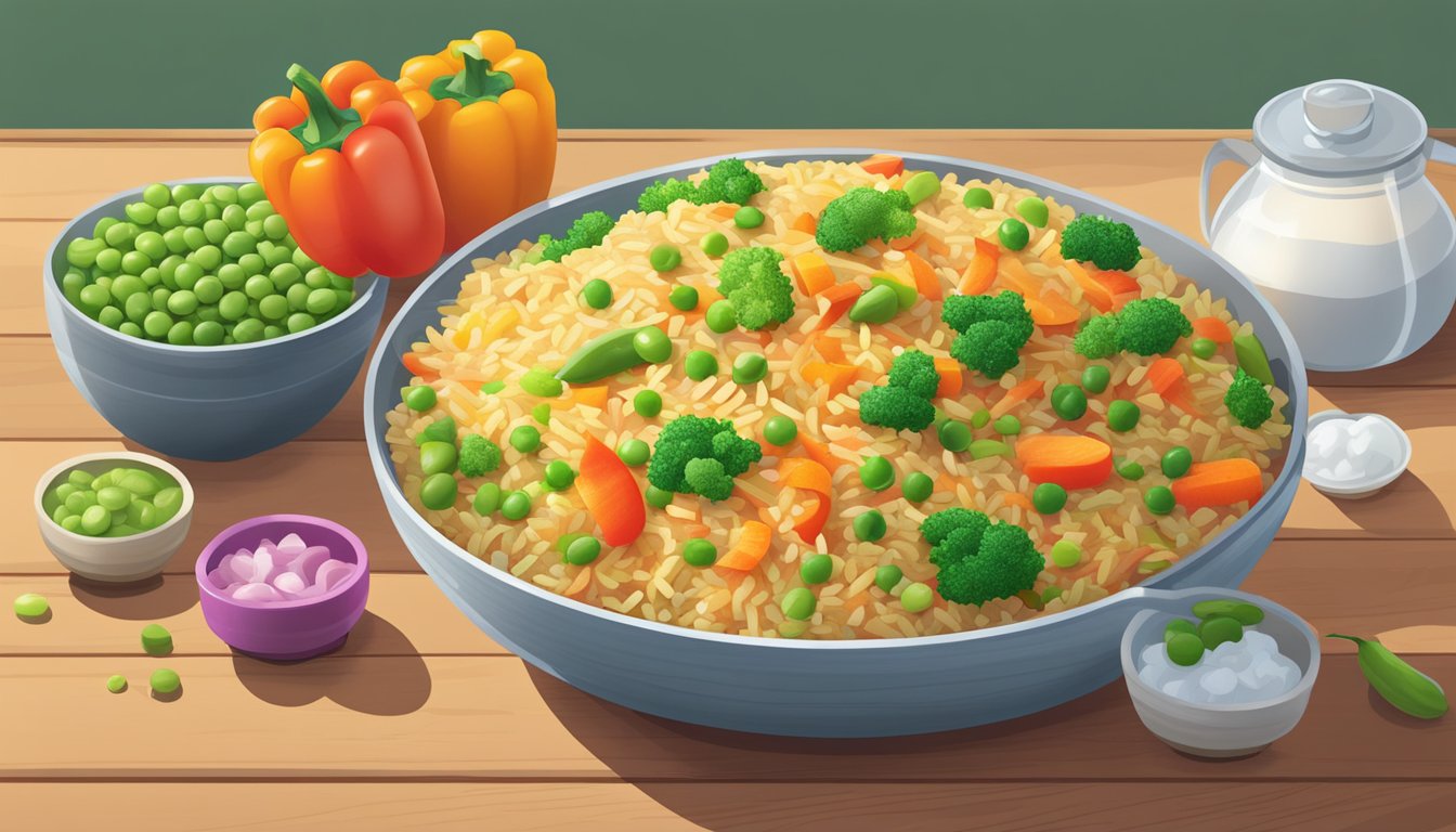 A steaming bowl of gluten-free vegetable fried rice sits on a wooden table, surrounded by colorful ingredients like bell peppers, peas, and carrots