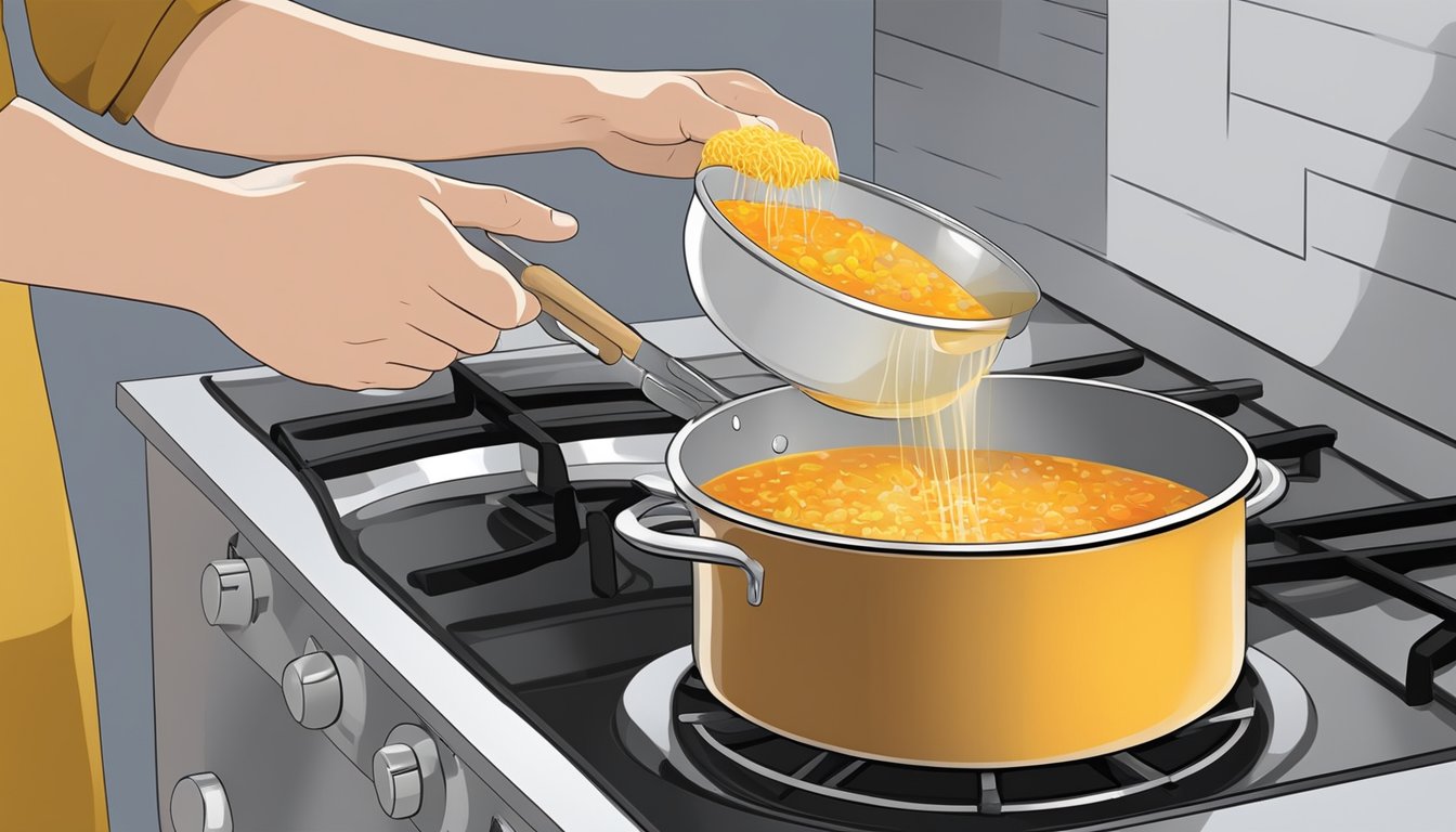 A person pouring gluten-free vegetable soup into a pot on a stove