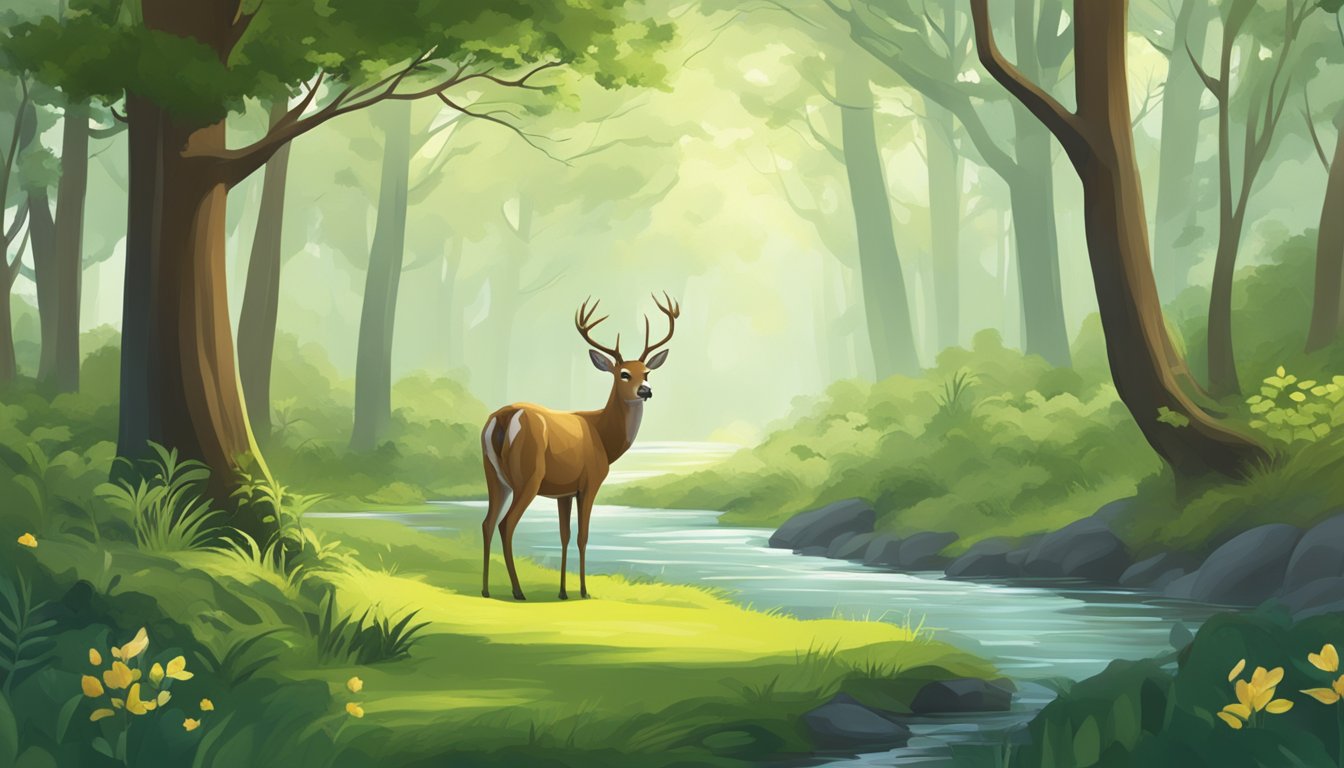 A serene forest clearing with a majestic deer peacefully grazing, surrounded by lush greenery and a gentle stream