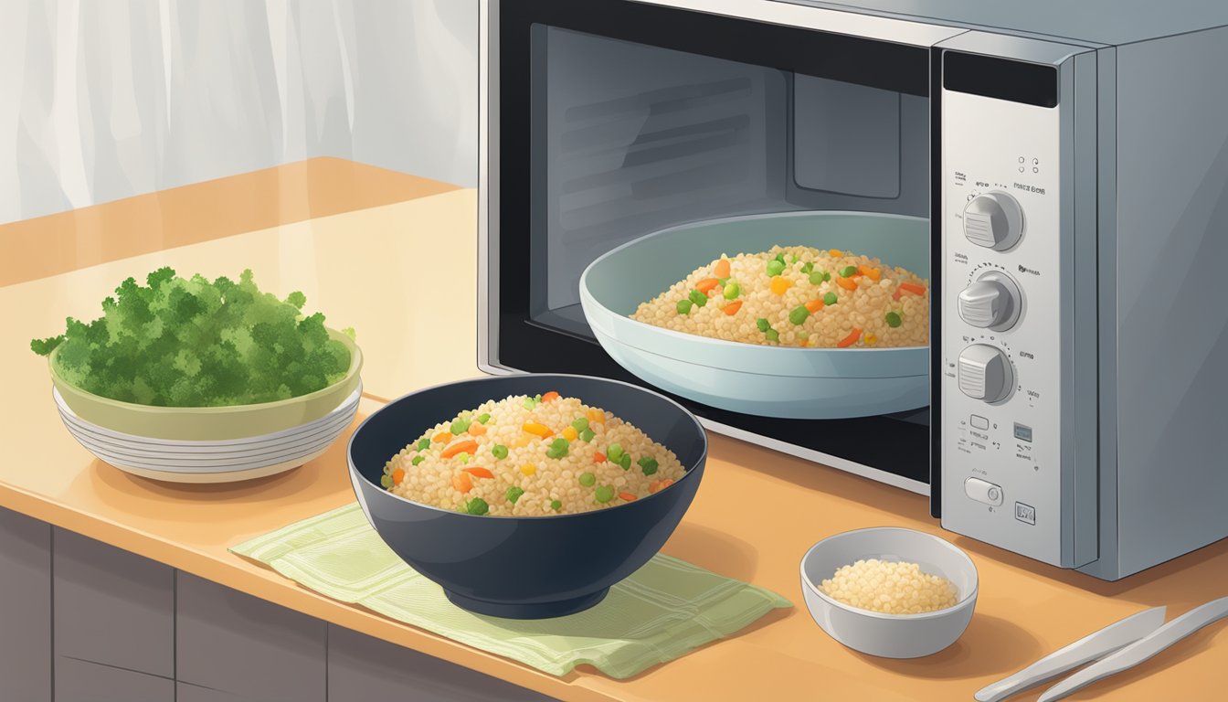 A steaming bowl of gluten free vegetable fried rice being reheated in a microwave