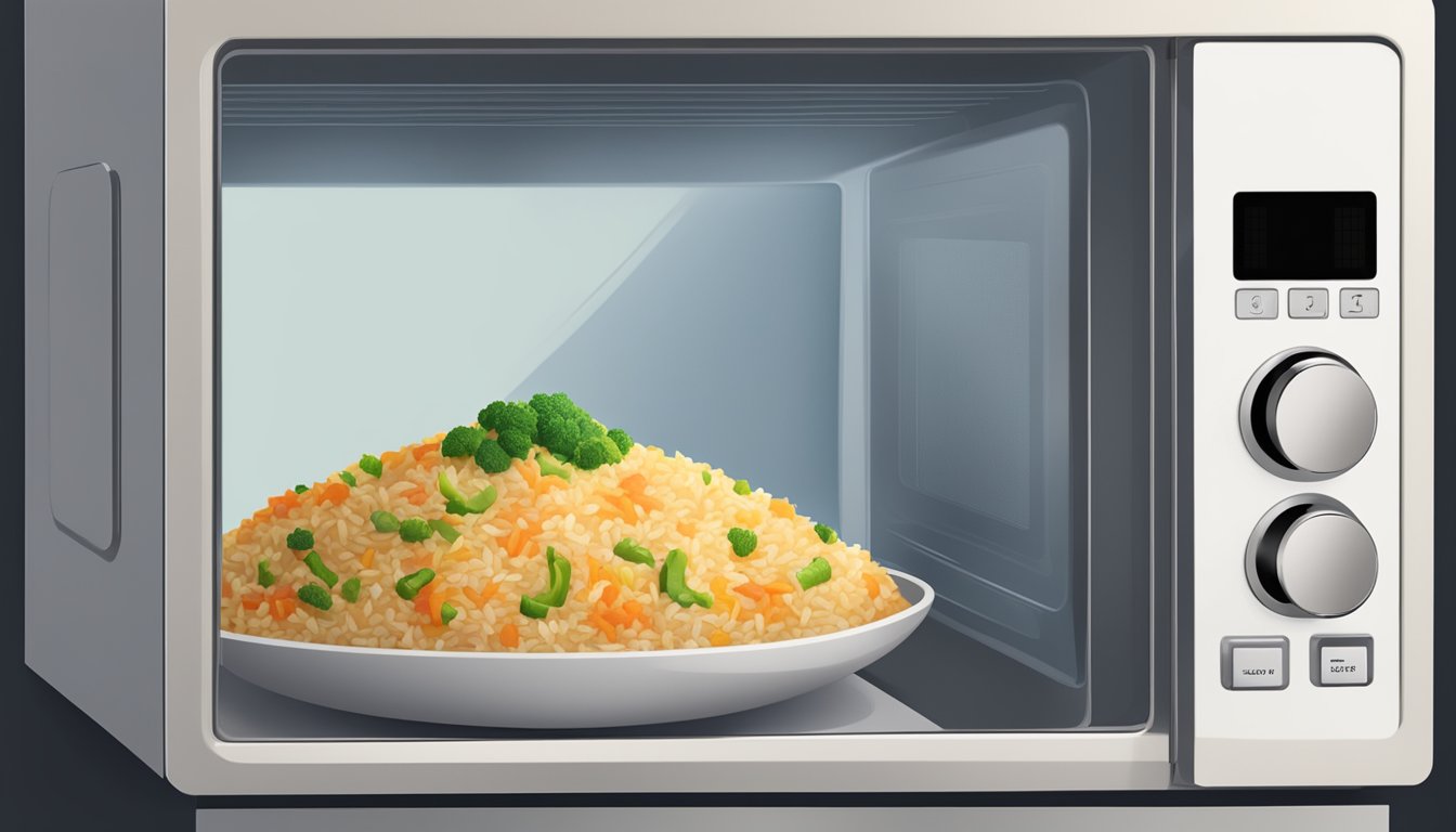 A steaming bowl of gluten-free vegetable fried rice sits in a microwave, ready to be reheated. Steam rises from the dish as the microwave timer counts down