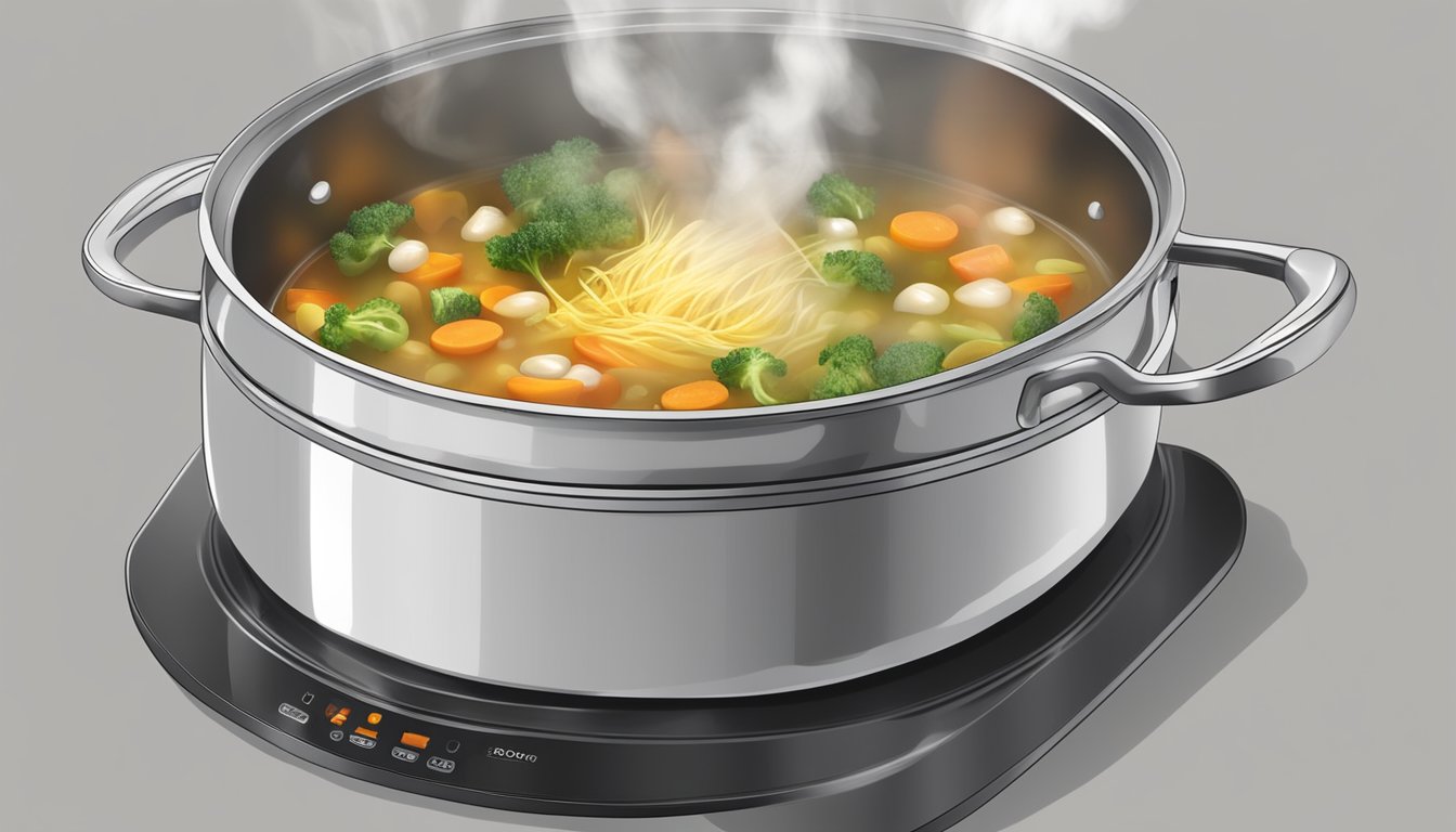 A pot of gluten-free vegetable soup being reheated on a stovetop, steam rising and vegetables visible in the broth