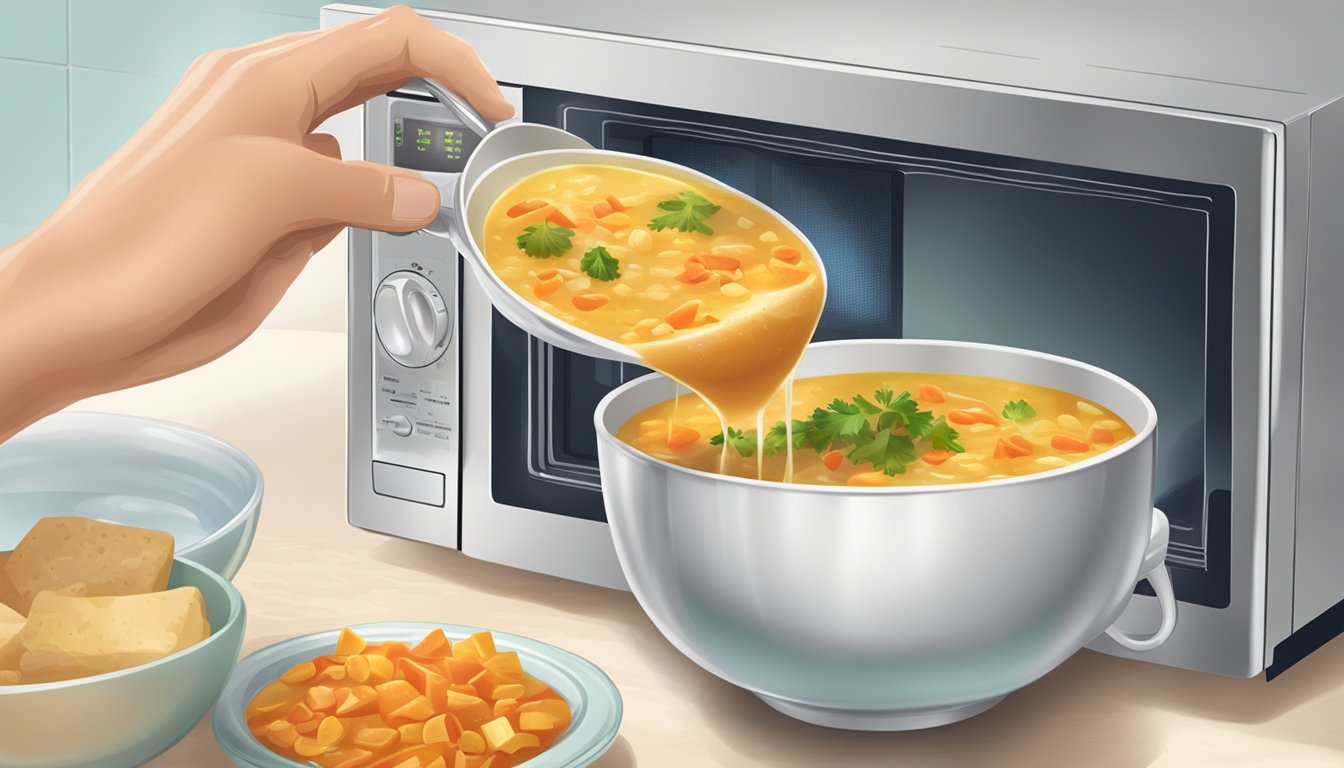 A person pouring gluten-free vegetable soup into a bowl and placing it in the microwave