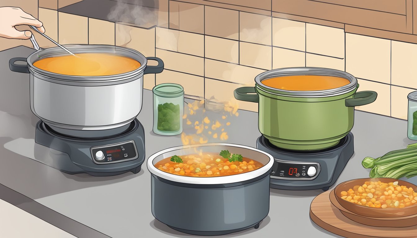 A person reheating gluten-free vegetable soup in a separate pot to avoid cross-contamination with gluten