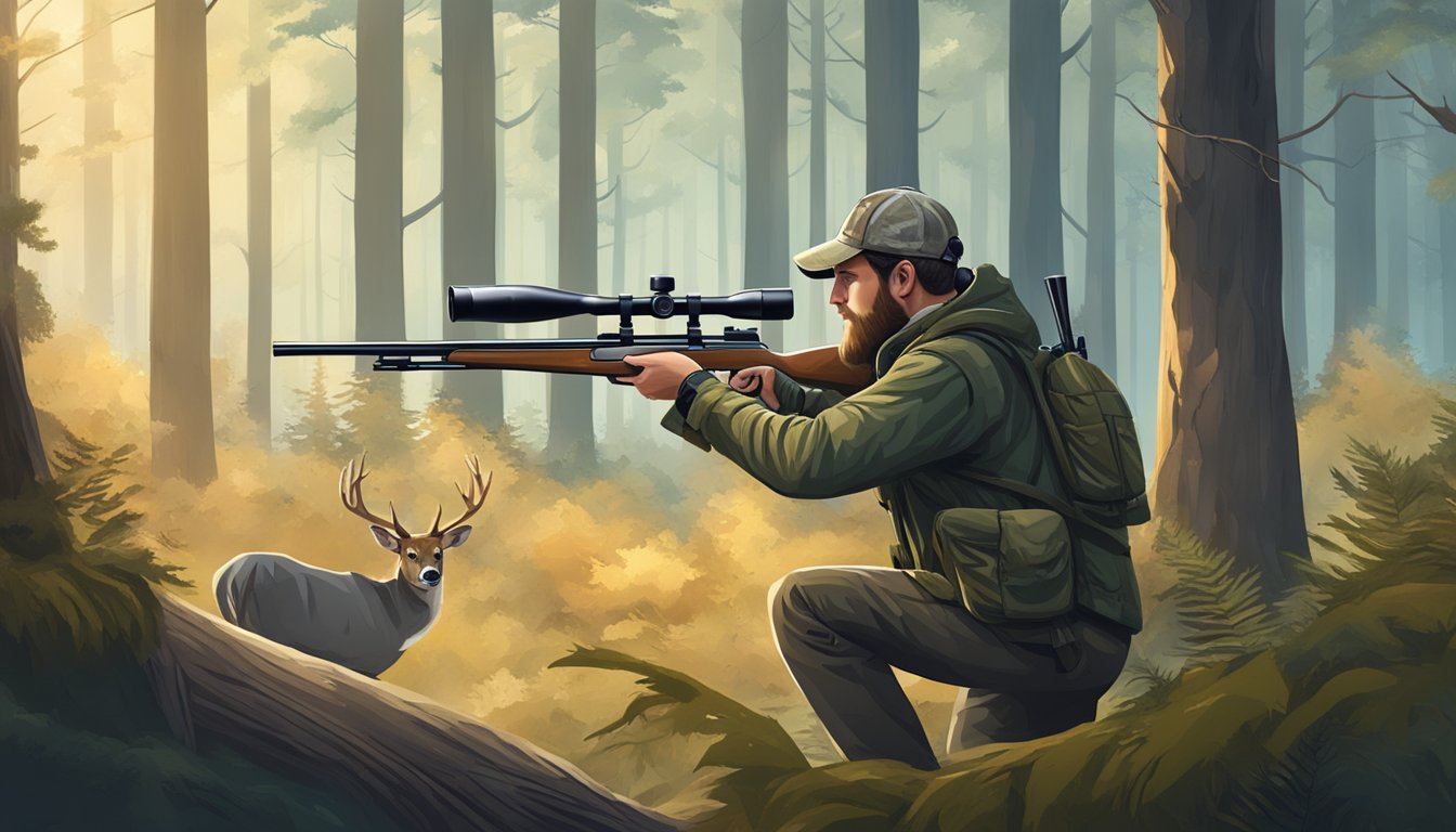 A hunter holding a rifle with a scope, surrounded by dense forest, aiming at a deer in the distance