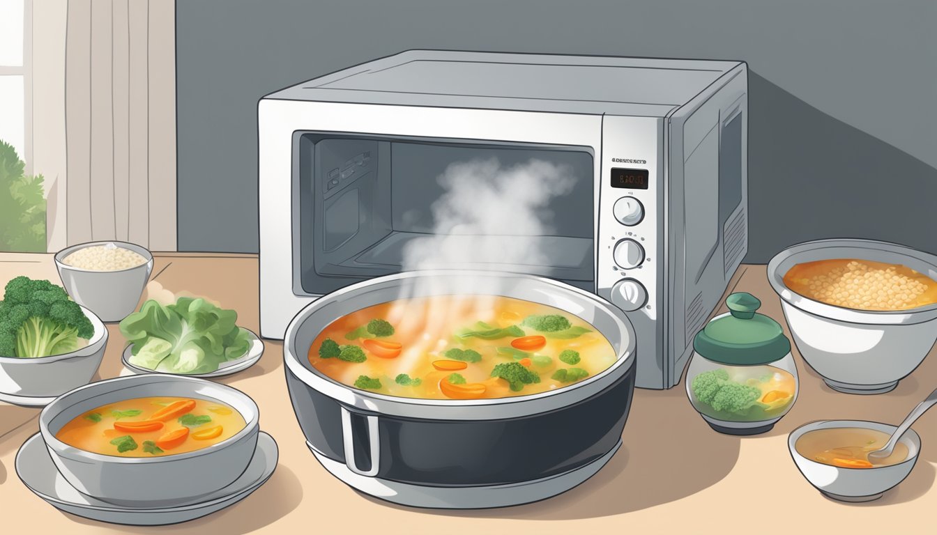 A steaming bowl of gluten-free vegetable soup being reheated in a microwave