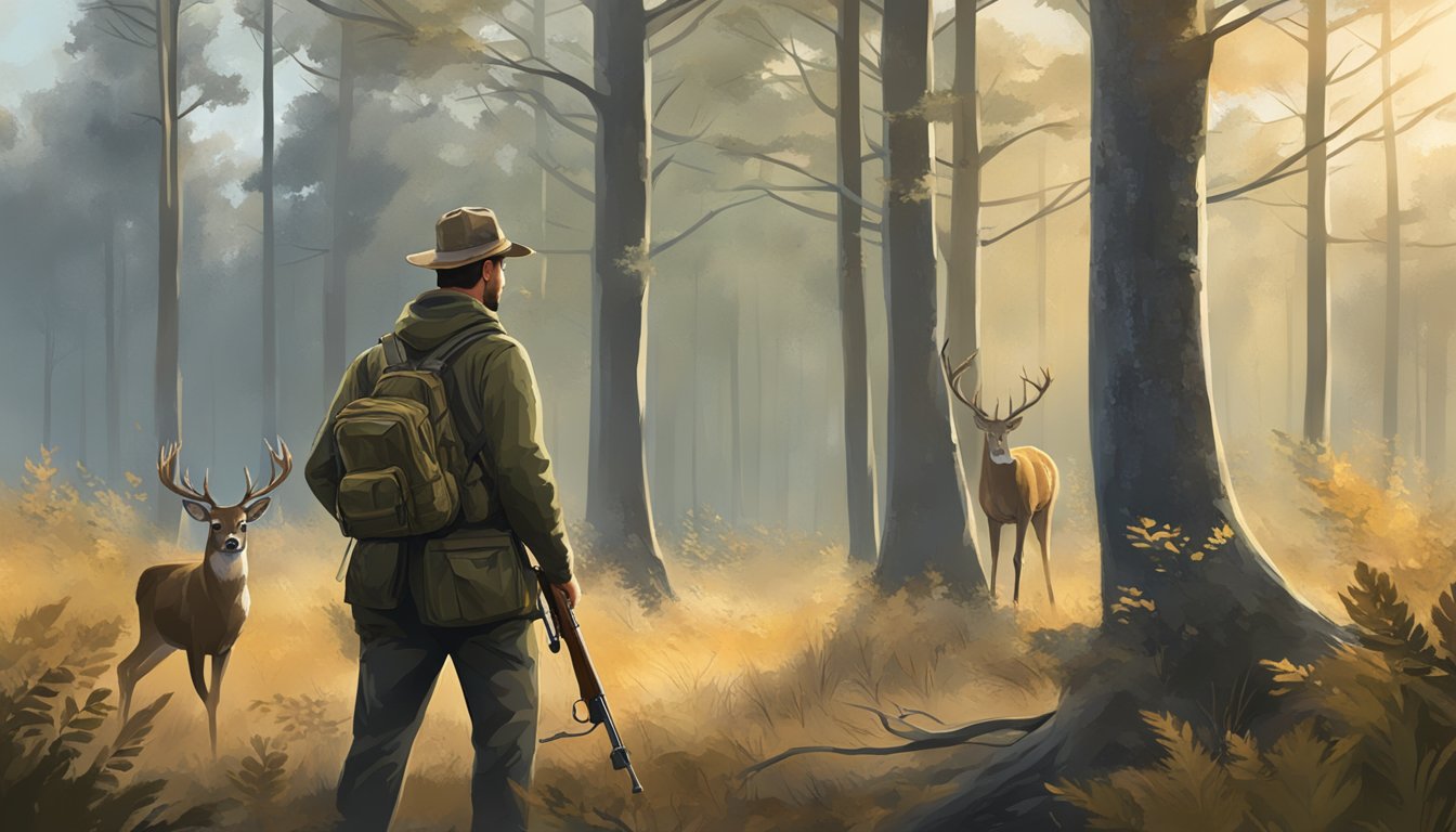 A hunter holding a rifle, surrounded by trees, with a deer in the distance