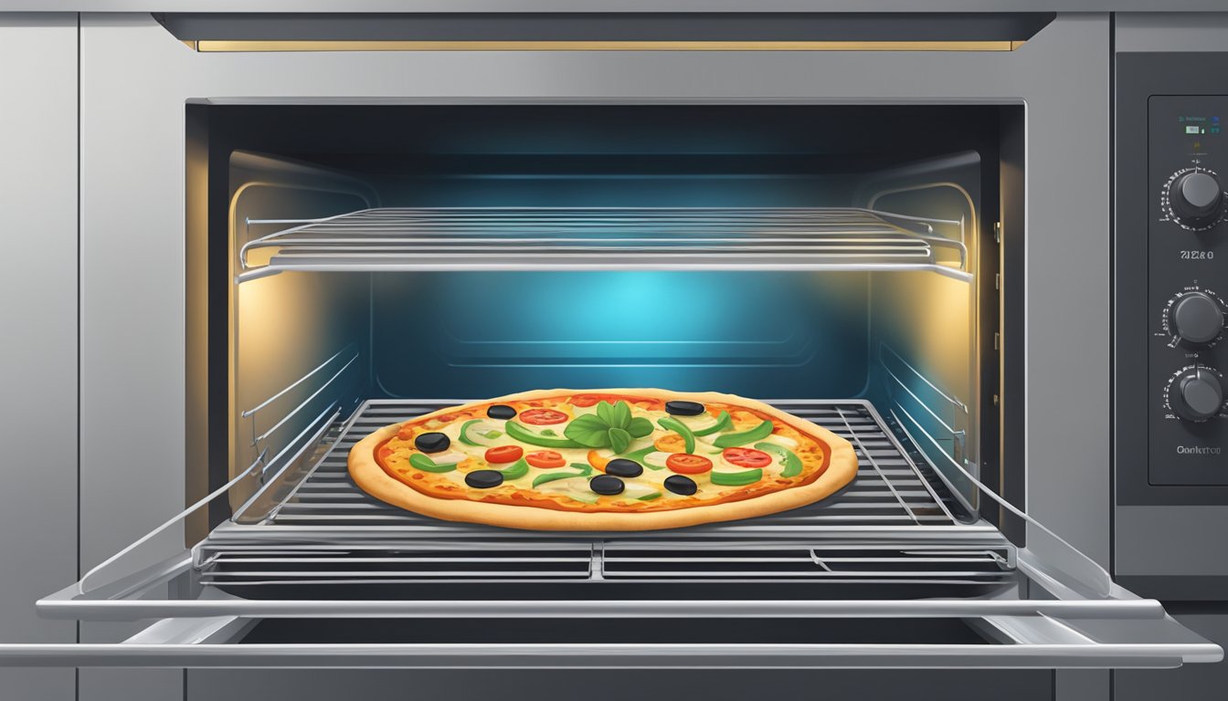 A slice of gluten-free veggie pizza on a baking sheet in the oven, with the oven door open and the heat radiating onto the pizza