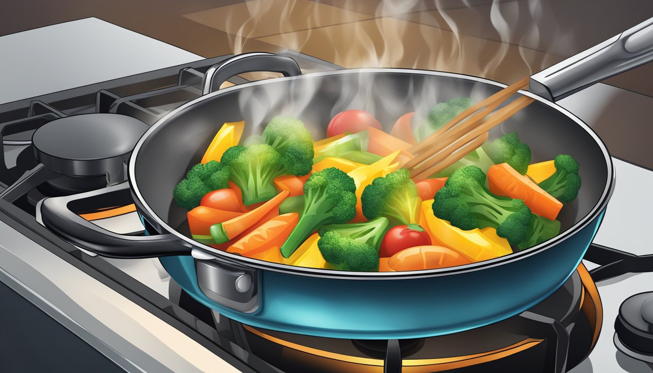 A steaming gluten-free veggie stir fry being reheated in a pan over a stovetop. The colorful vegetables glisten with moisture as they sizzle