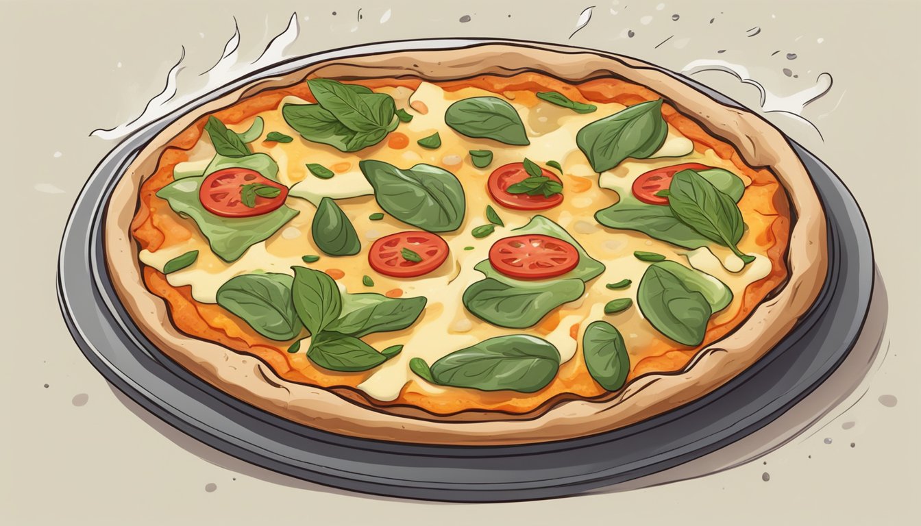 A slice of gluten-free veggie pizza being reheated in the oven, with steam rising and the cheese starting to melt, surrounded by fresh herbs and spices