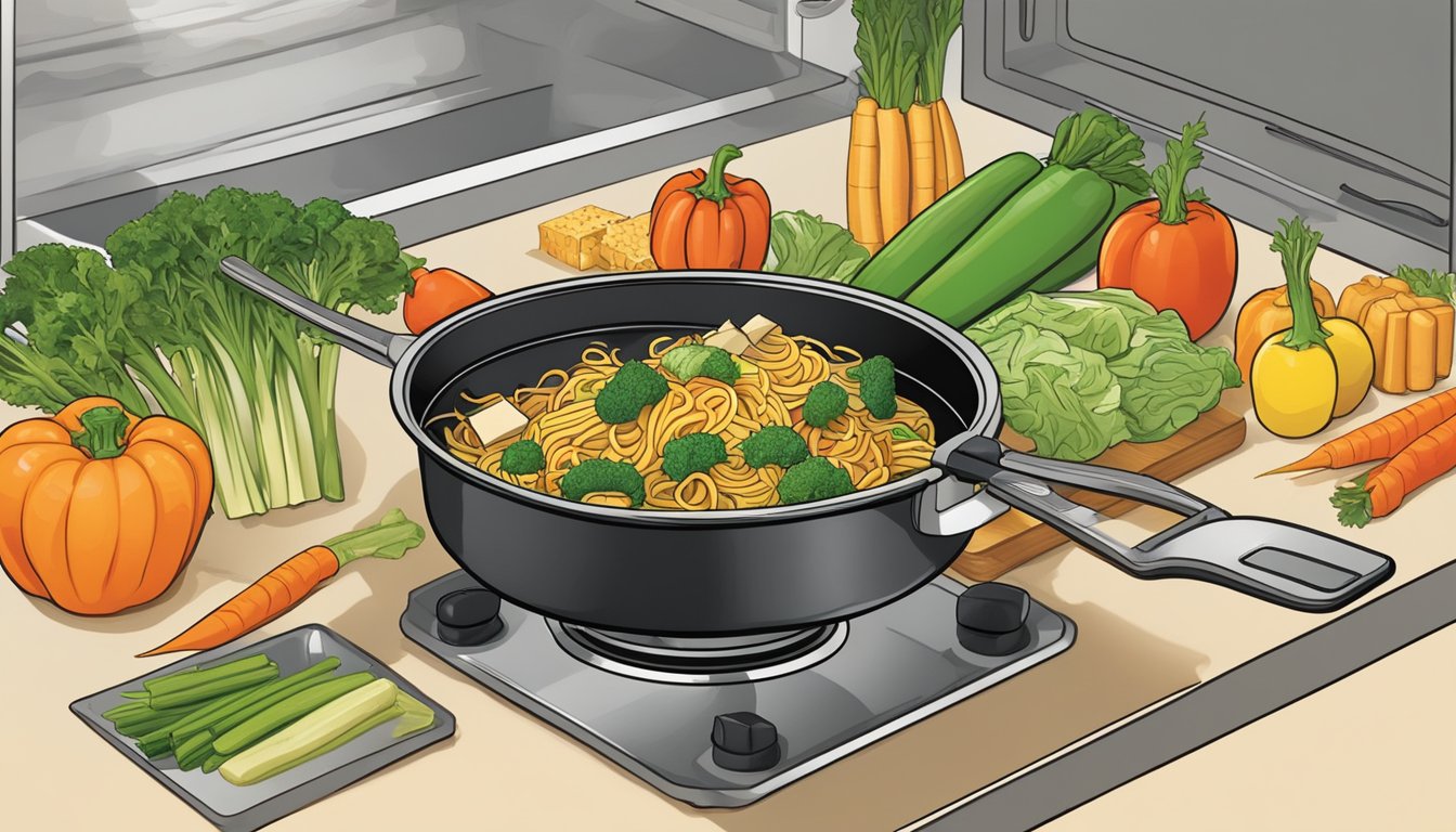 A colorful array of fresh vegetables, tofu, and gluten-free noodles are being stir-fried in a sizzling wok. A container of leftover stir-fry sits in the refrigerator, ready to be reheated