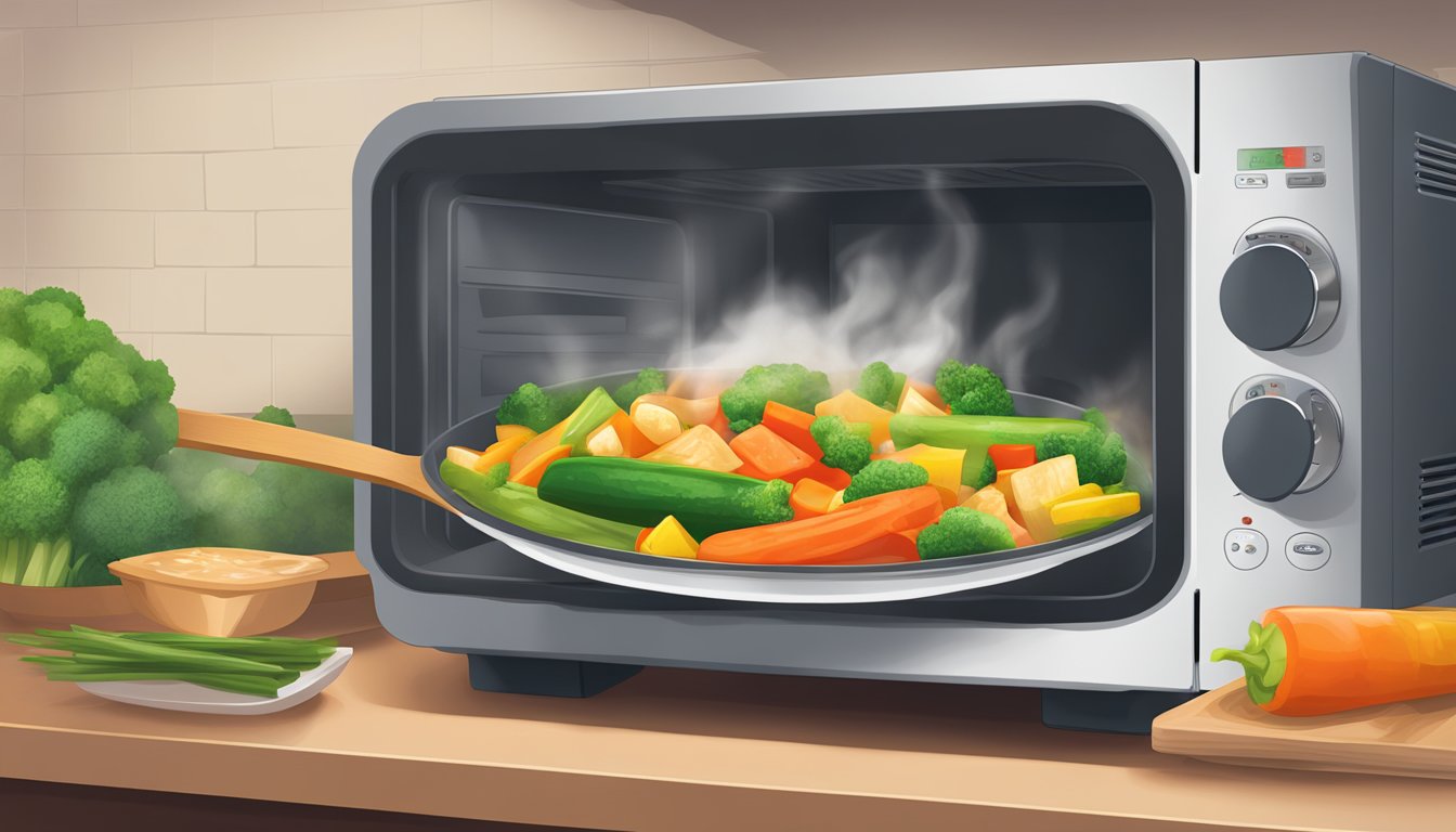 A steaming bowl of gluten-free veggie stir fry being heated in a microwave