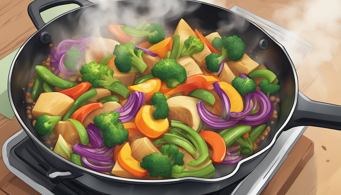 A gluten-free veggie stir fry being reheated in a non-stick skillet over medium heat, with vibrant colors and steam rising from the pan