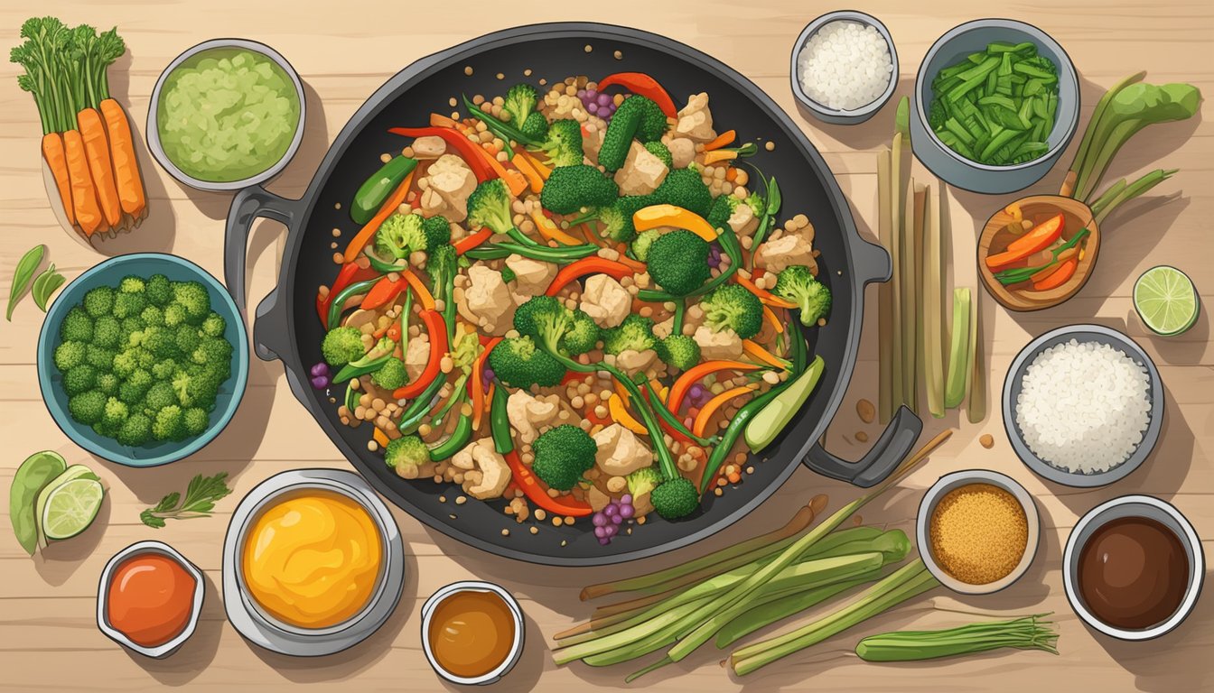 A colorful gluten-free veggie stir-fry sits in a sizzling pan, surrounded by various serving suggestions such as rice, quinoa, and a variety of sauces