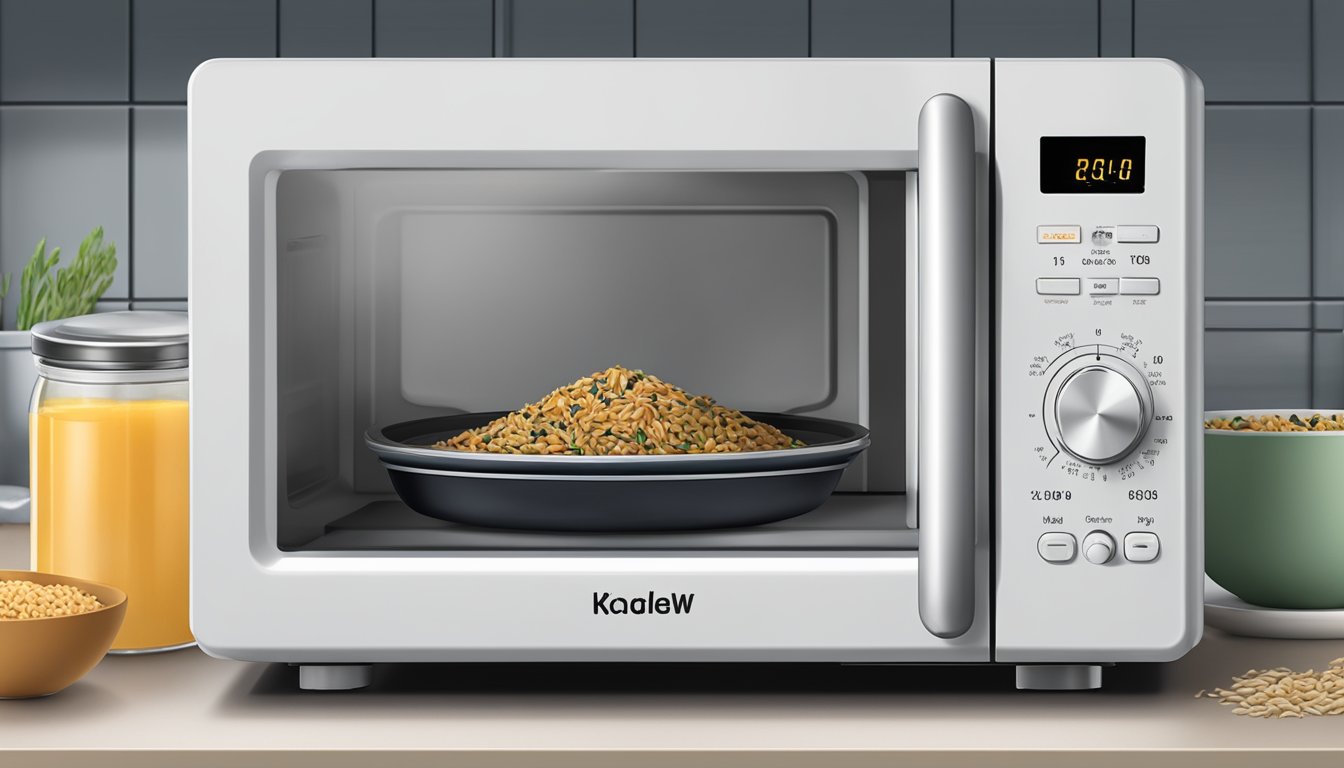 A bowl of cooked wild rice blend sits in a microwave, with a cover on top. The microwave timer displays a short countdown