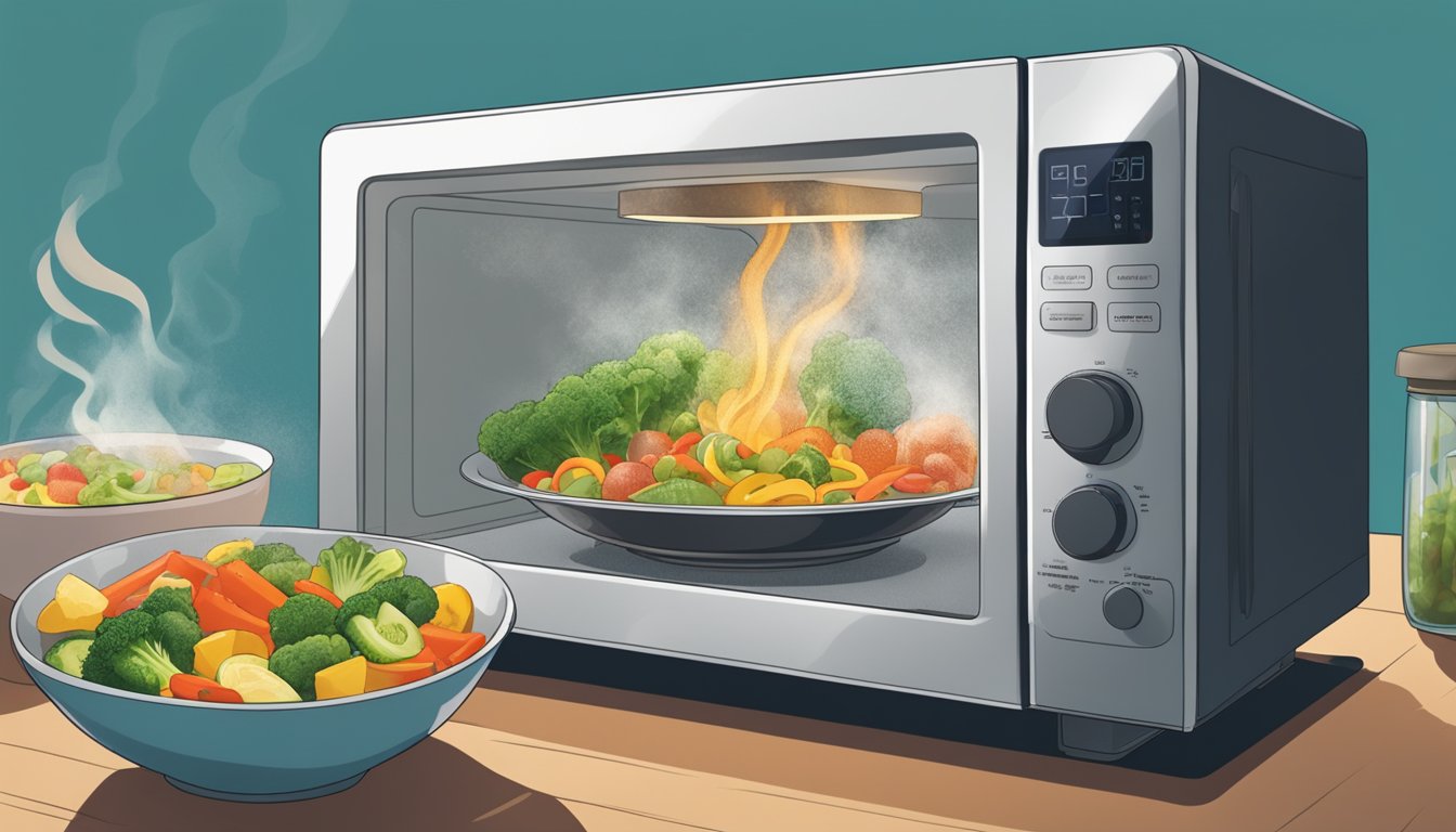 A person using a microwave to reheat a gluten-free veggie stir fry in a glass container, with steam rising from the food