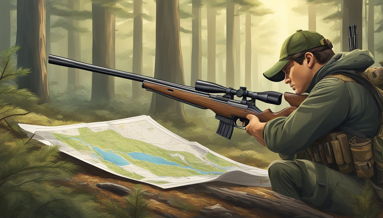 A hunter in a forest, aiming a rifle at a deer, with regional maps and legal documents in the background