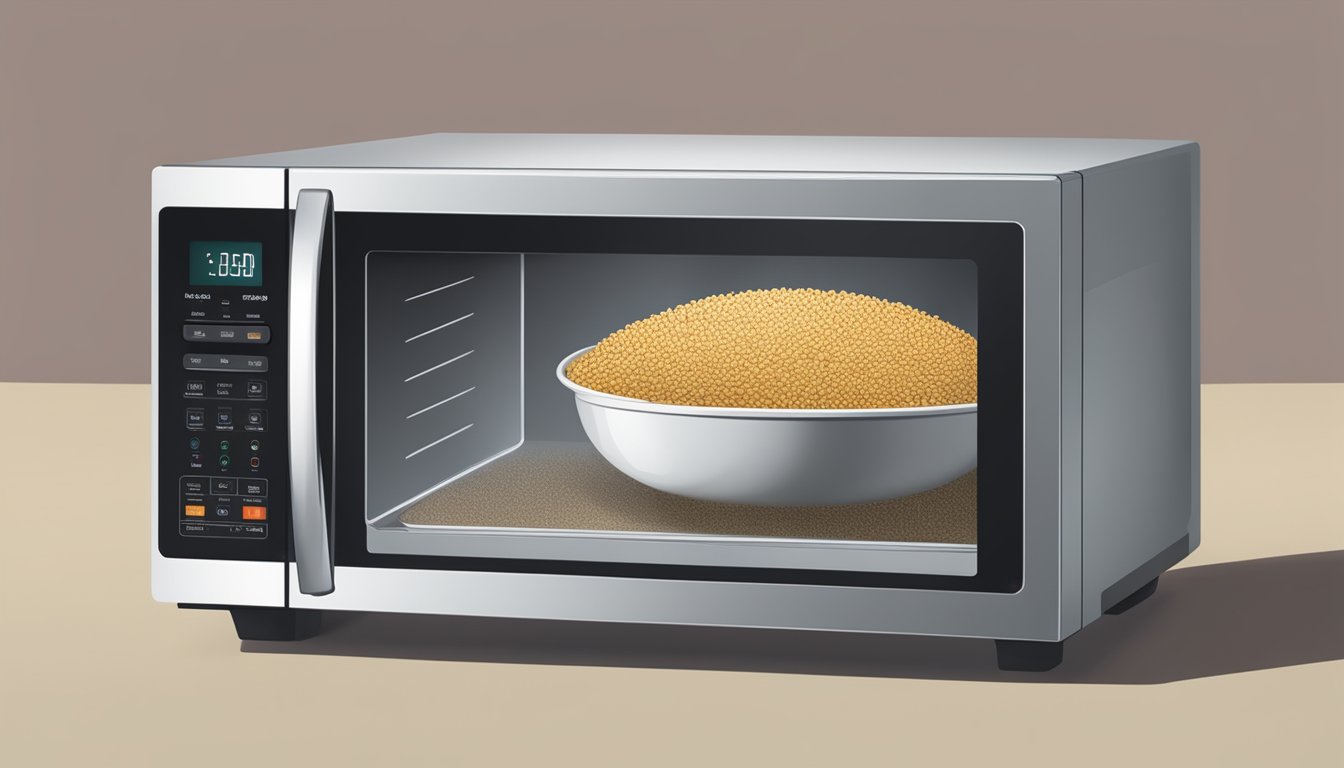 A microwave with a bowl of wild rice blend inside, steam rising from the grains as they are being reheated