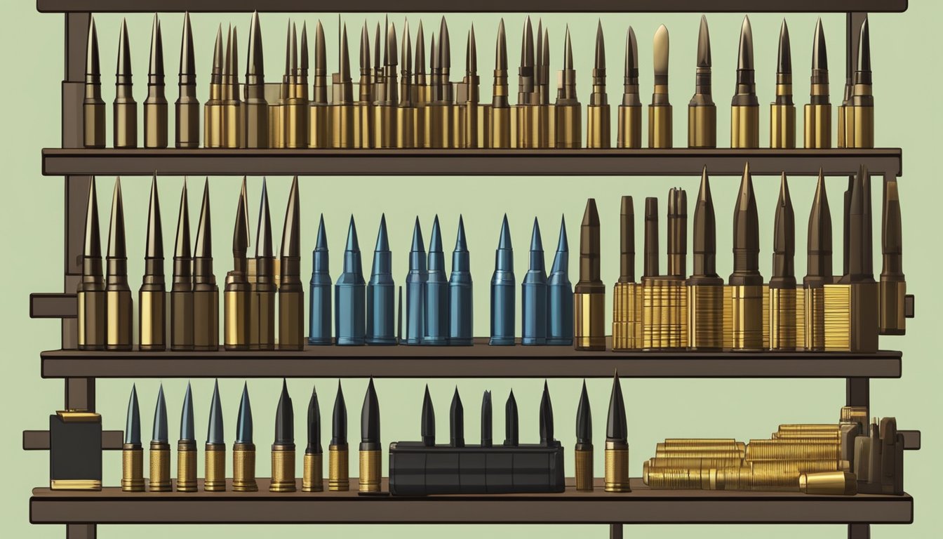 A shelf lined with various calibres of ammunition, with price tags displayed. A deer silhouette target in the background