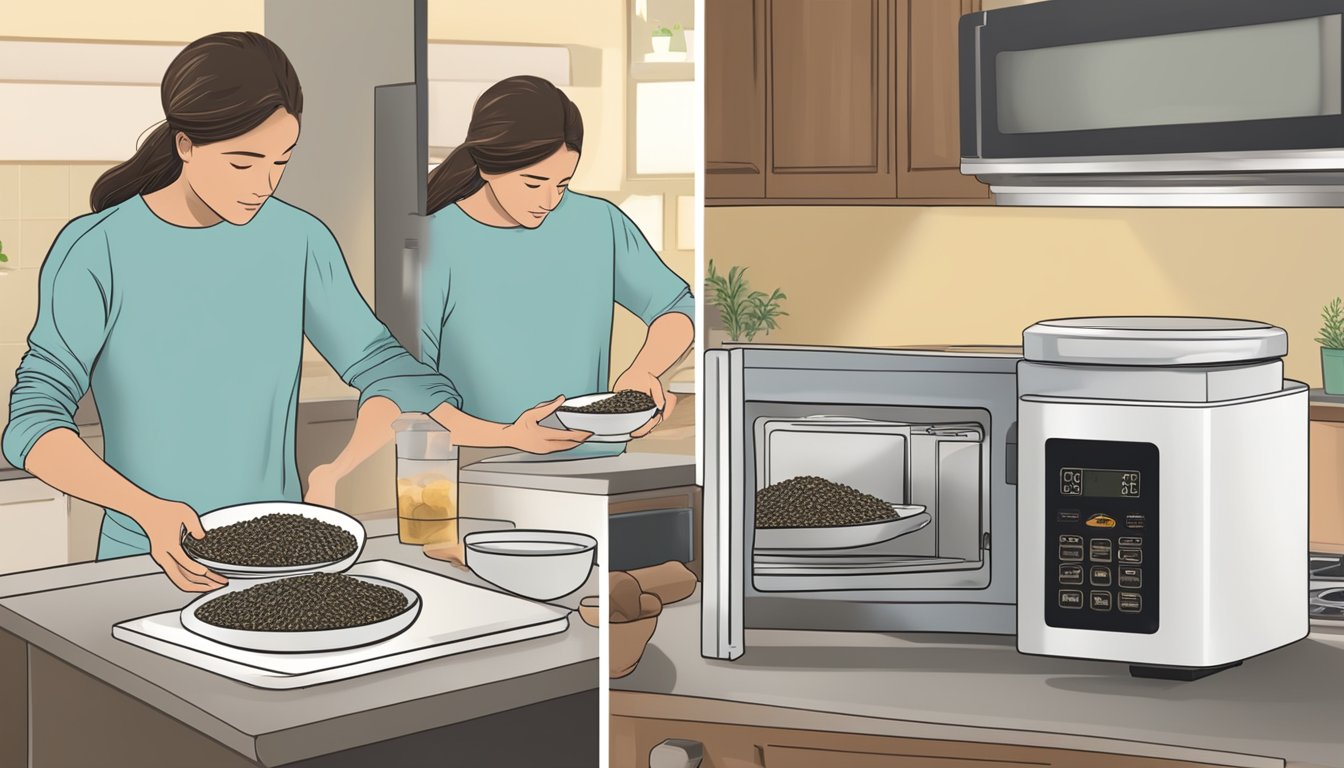 A person placing a container of gluten-free wild rice blend in the microwave, setting the timer, and then removing the steaming hot dish