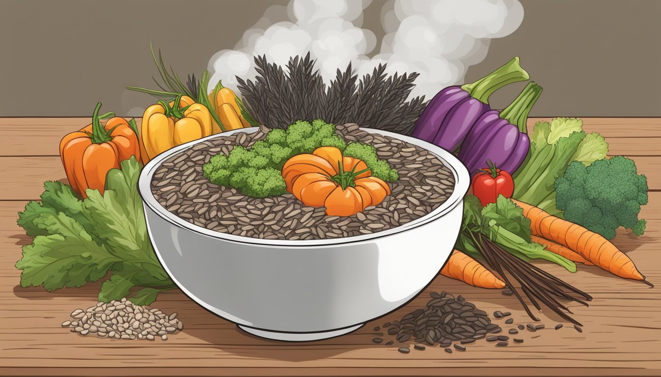 A steaming bowl of gluten-free wild rice blend sits on a rustic wooden table, surrounded by colorful vegetables and herbs, as steam rises from the dish