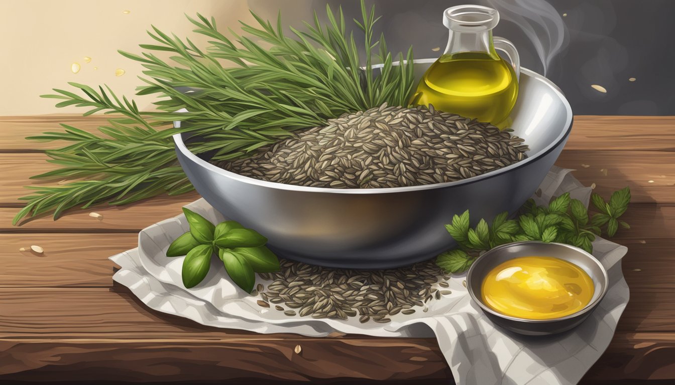 A steaming bowl of wild rice blend sits on a rustic wooden table, surrounded by a scattering of fresh herbs and a drizzle of olive oil