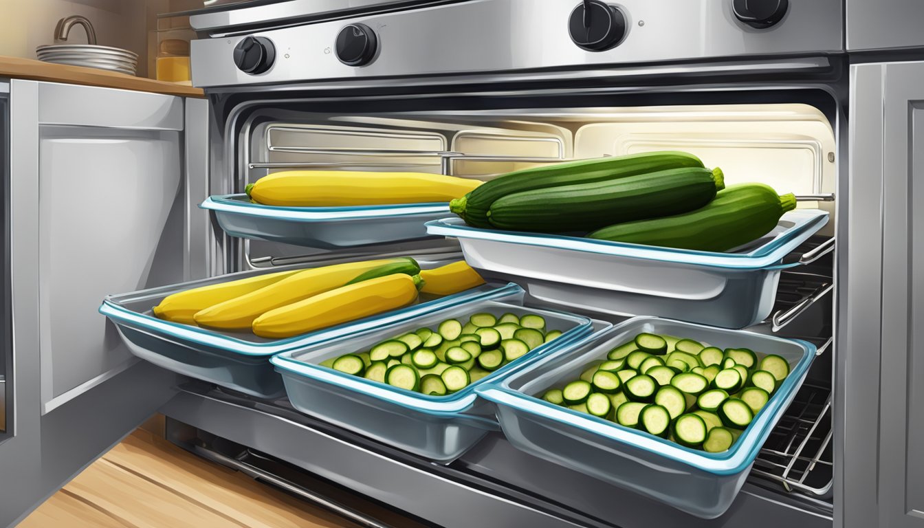 A kitchen scene with zucchini boats being stored in airtight containers and then reheated in the oven for optimal taste