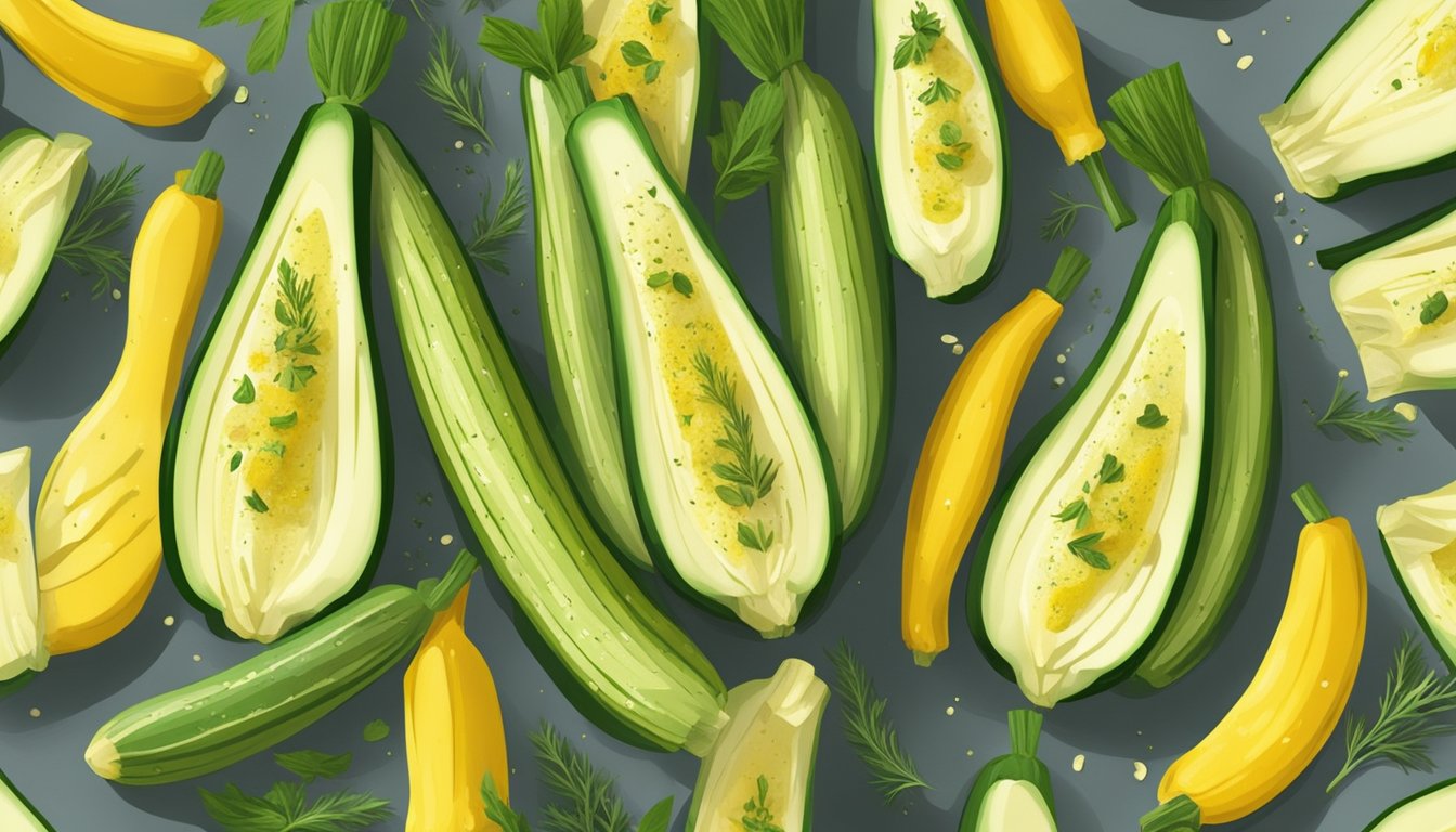 Zucchini boats arranged on a baking sheet, brushed with olive oil and sprinkled with herbs, being placed into a preheated oven