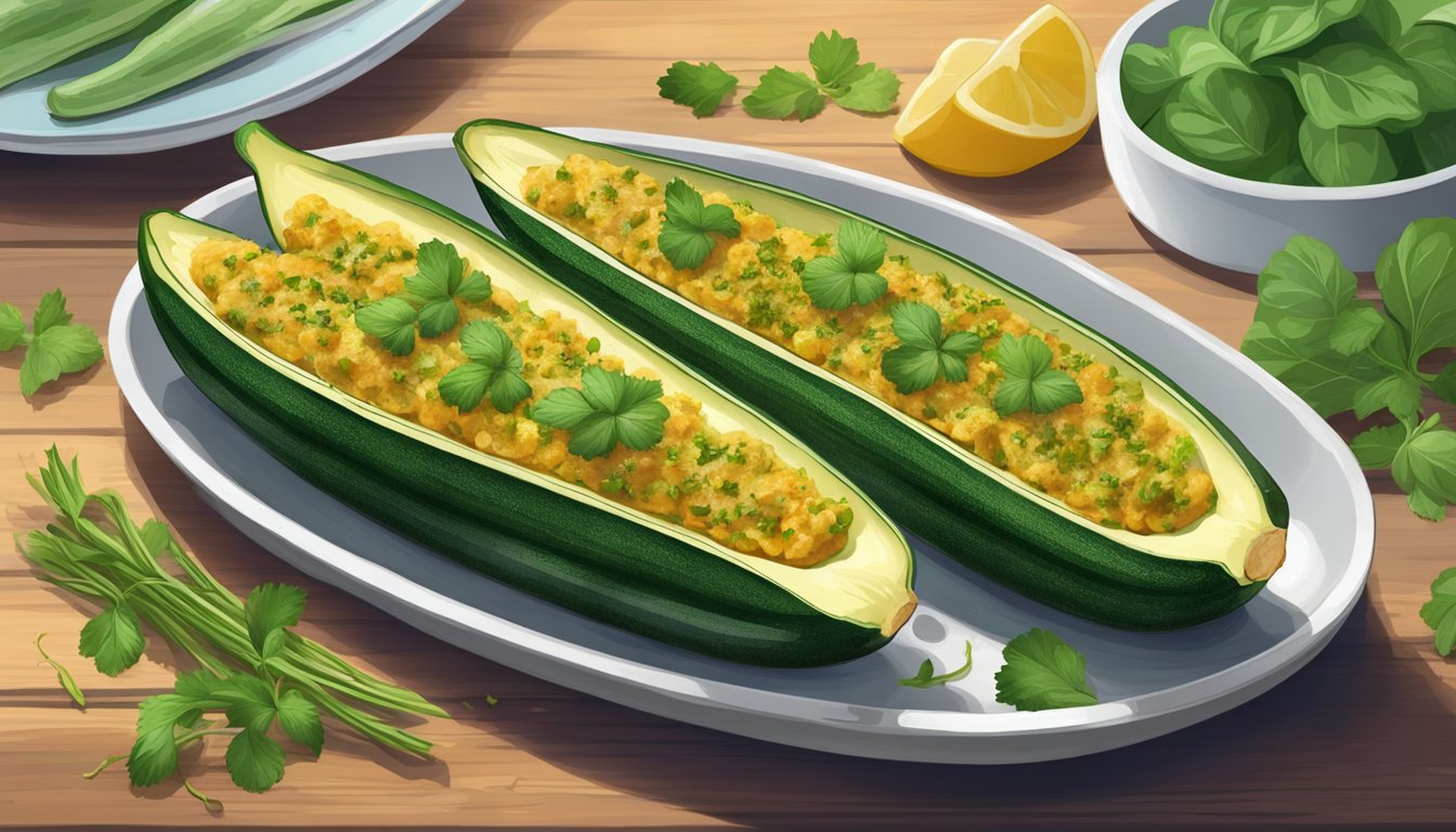 A plate of reheated gluten-free zucchini boats, garnished with fresh herbs, steaming on a wooden table