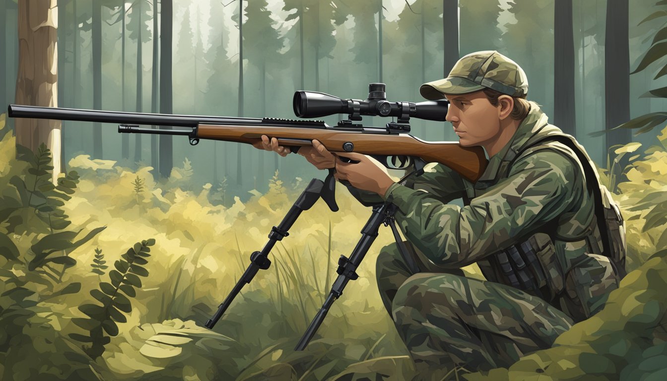 A hunter customizes their rifle with a scope and camouflage wrap in a forest clearing